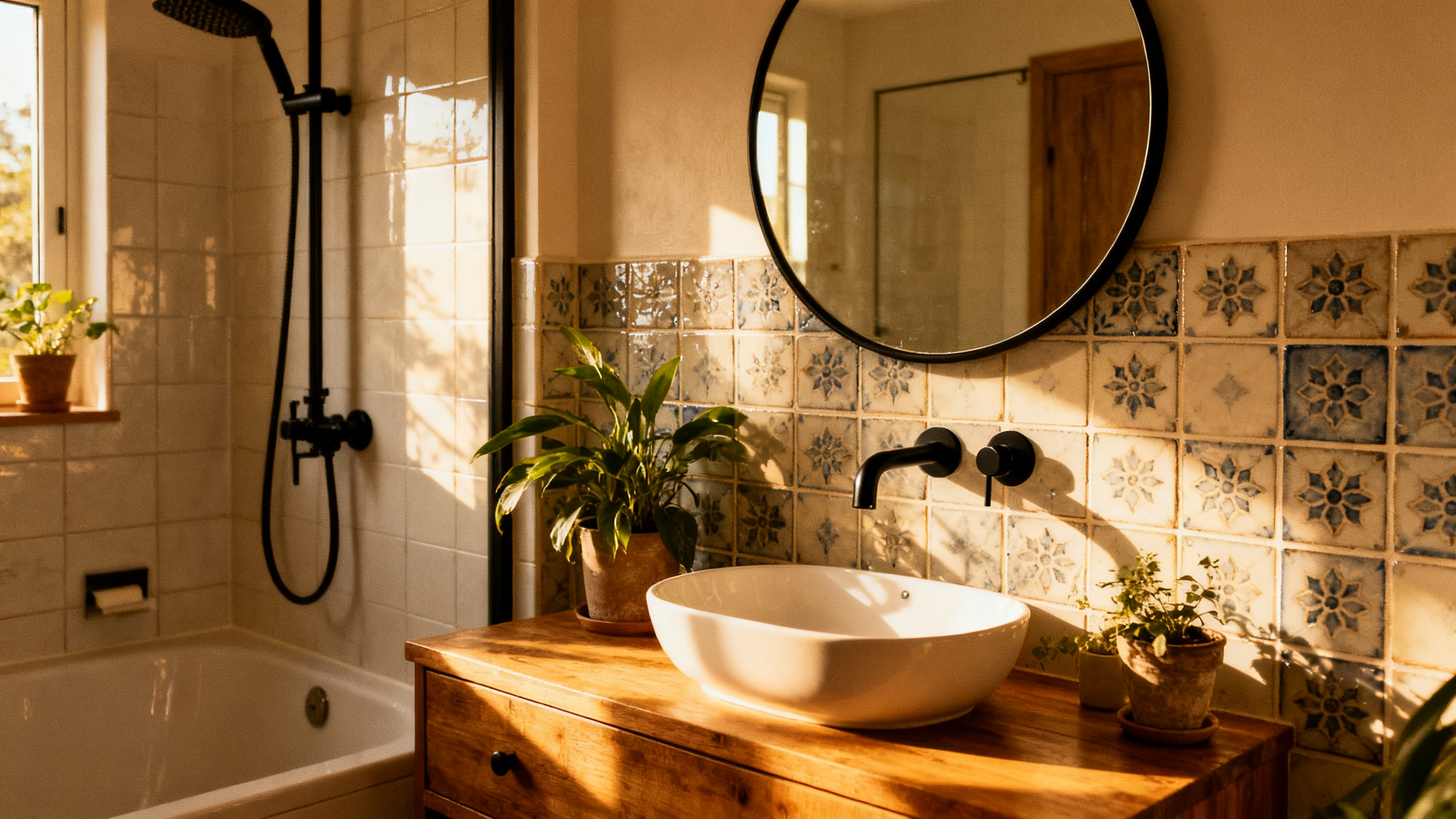 A renovated small bathroom with matte black fittings, round mirror and warm lighting
