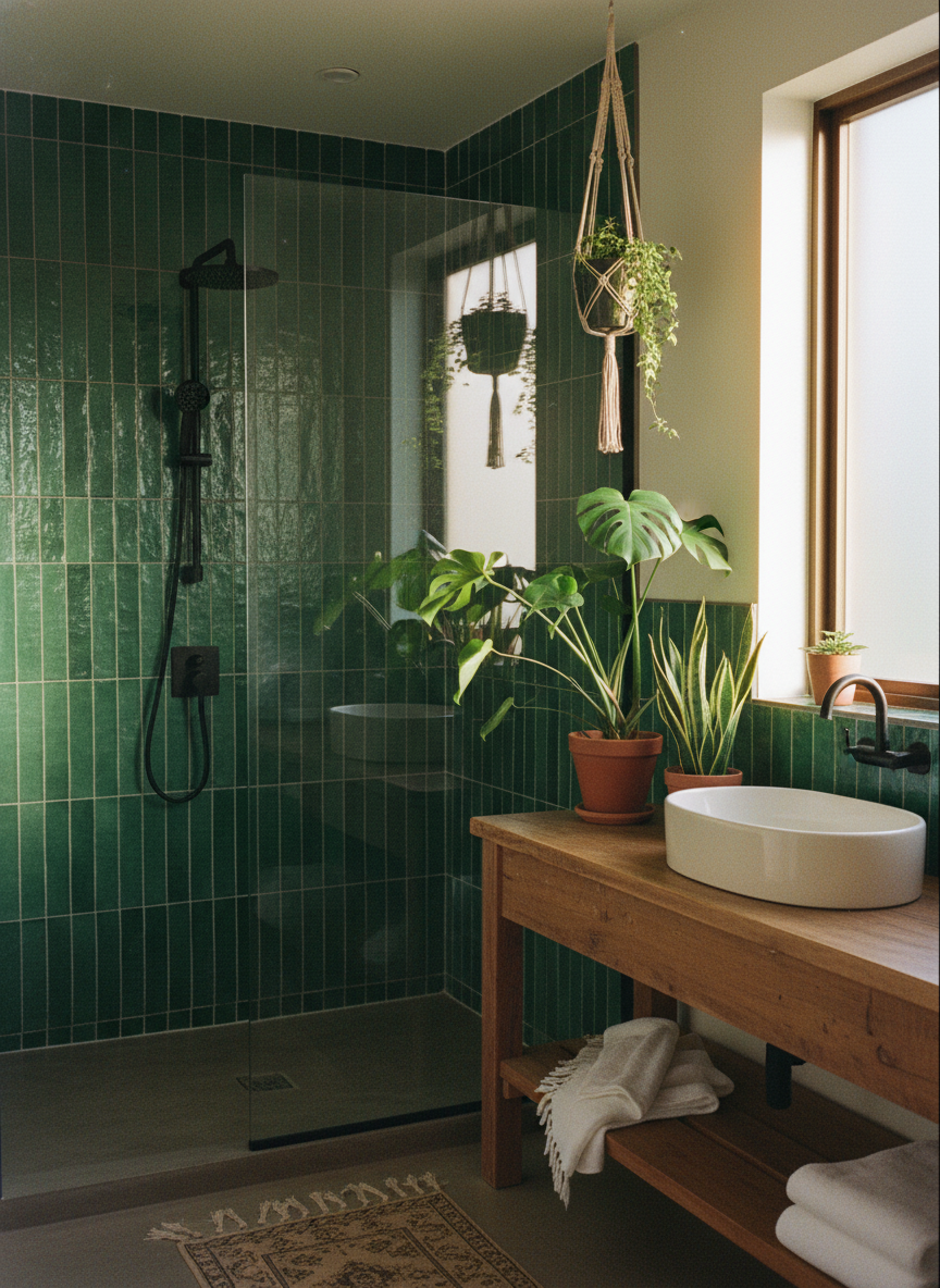 A renovated small bathroom with matte black fittings, round mirror and warm lighting