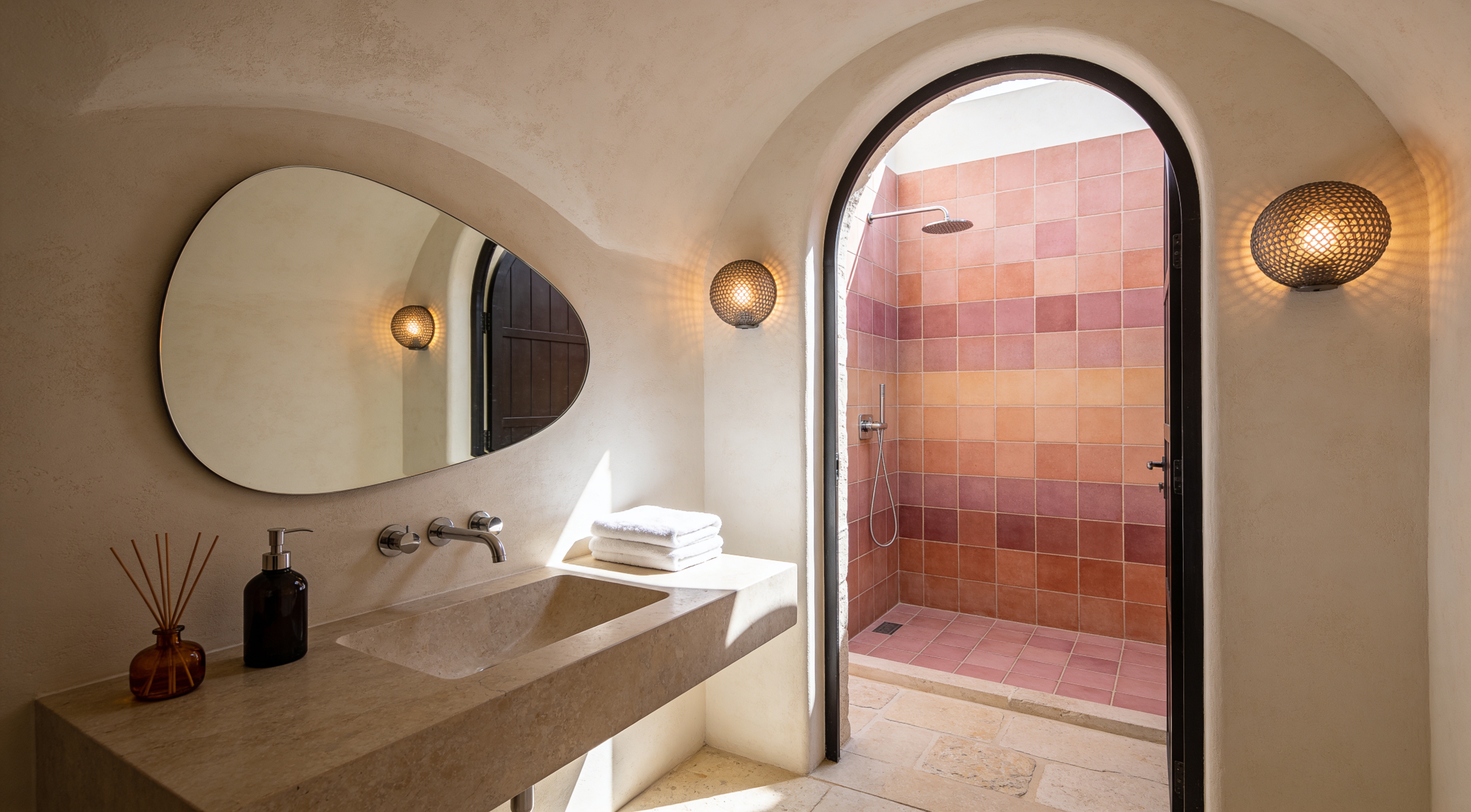 A round matte black mirror above a basin with warm eye-level lighting