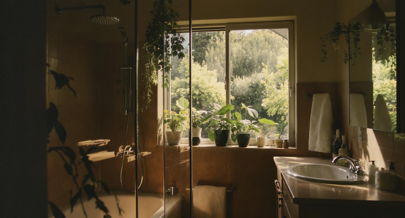 A solid oak floating shelf in a bathroom with a small plant, candle and rolled towels