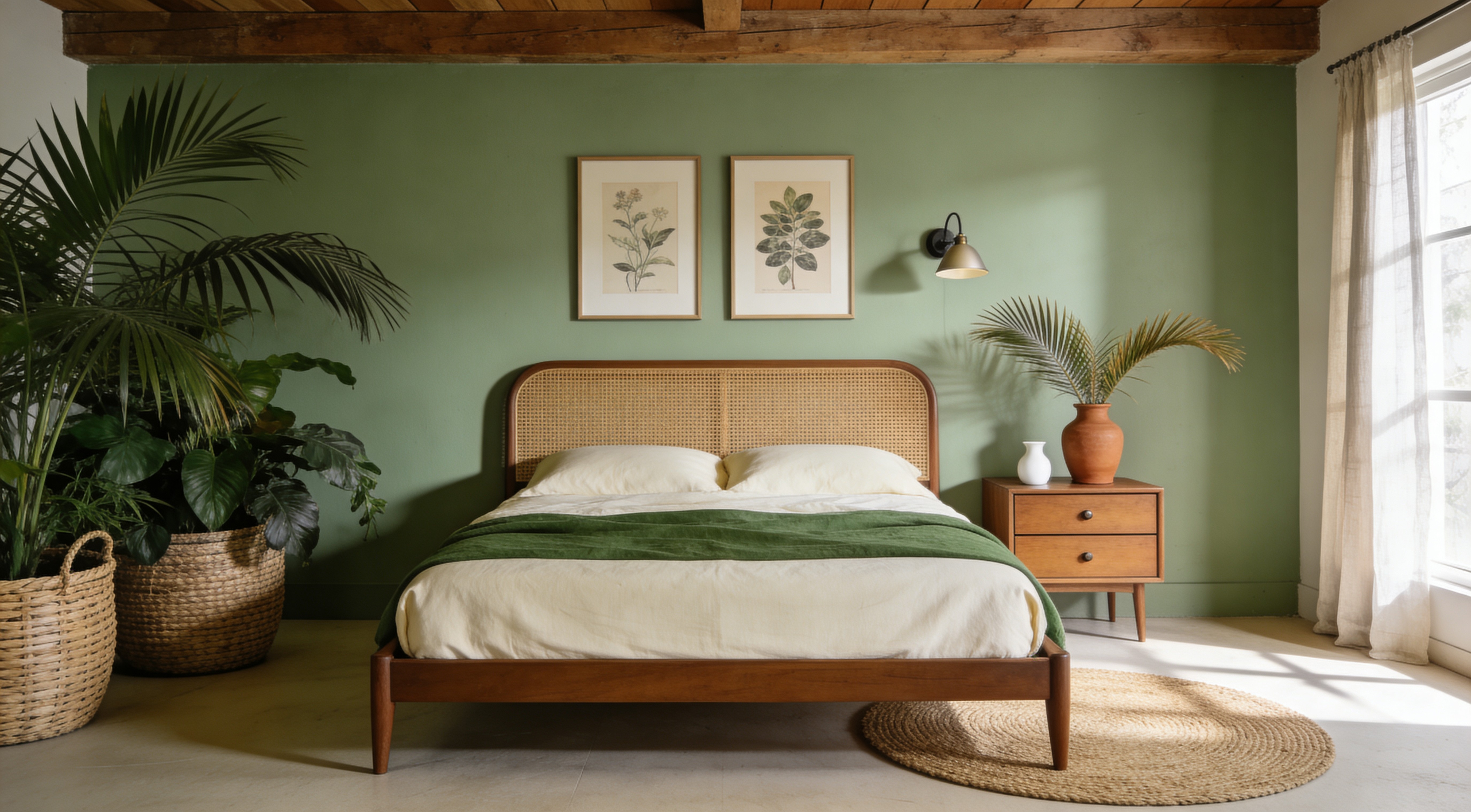 A beautifully layered bedroom with warm linen bedding, boucle throw, and soft bedside lighting