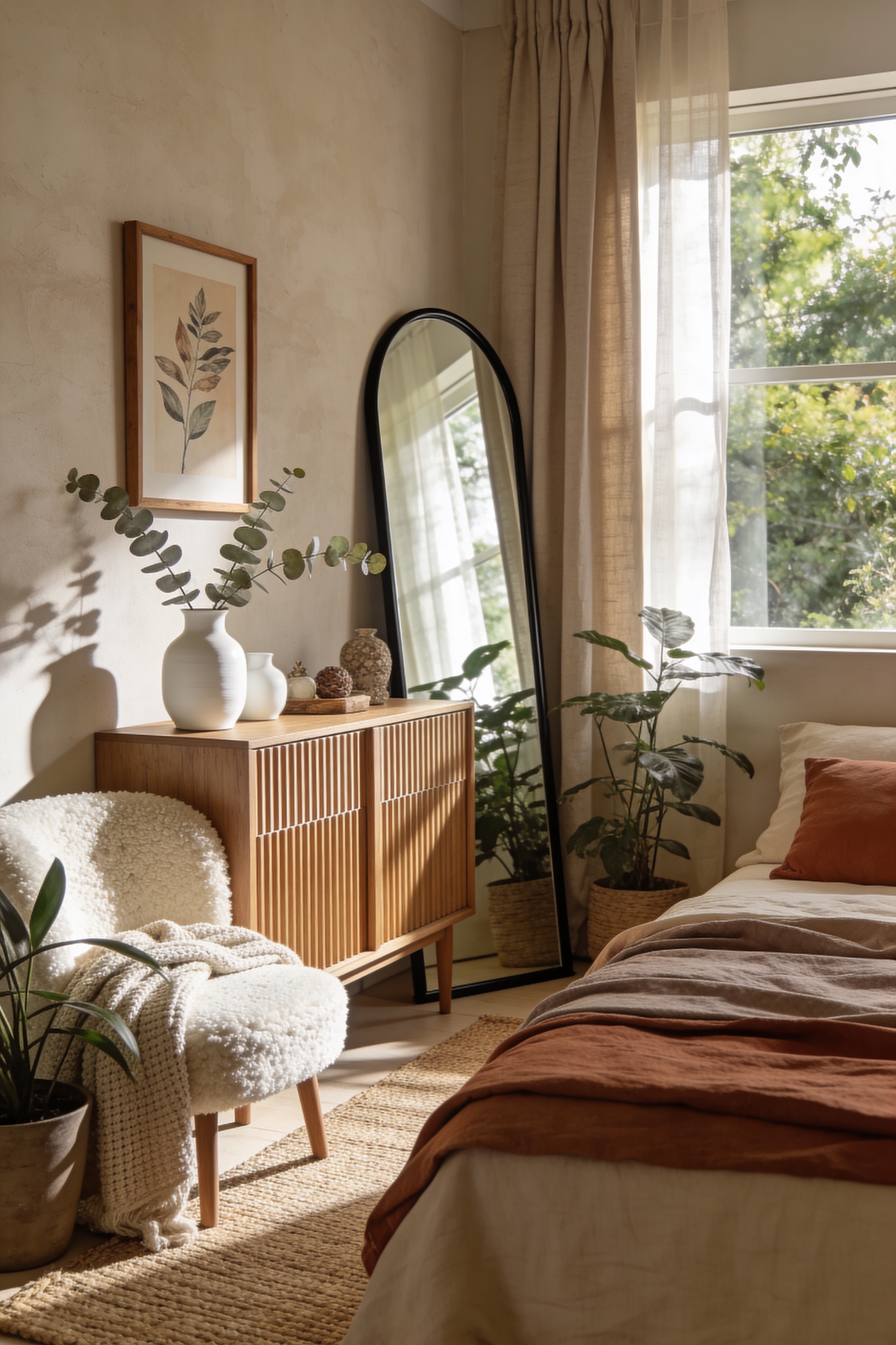 A beautifully layered bedroom with warm linen bedding, boucle throw, and soft bedside lighting