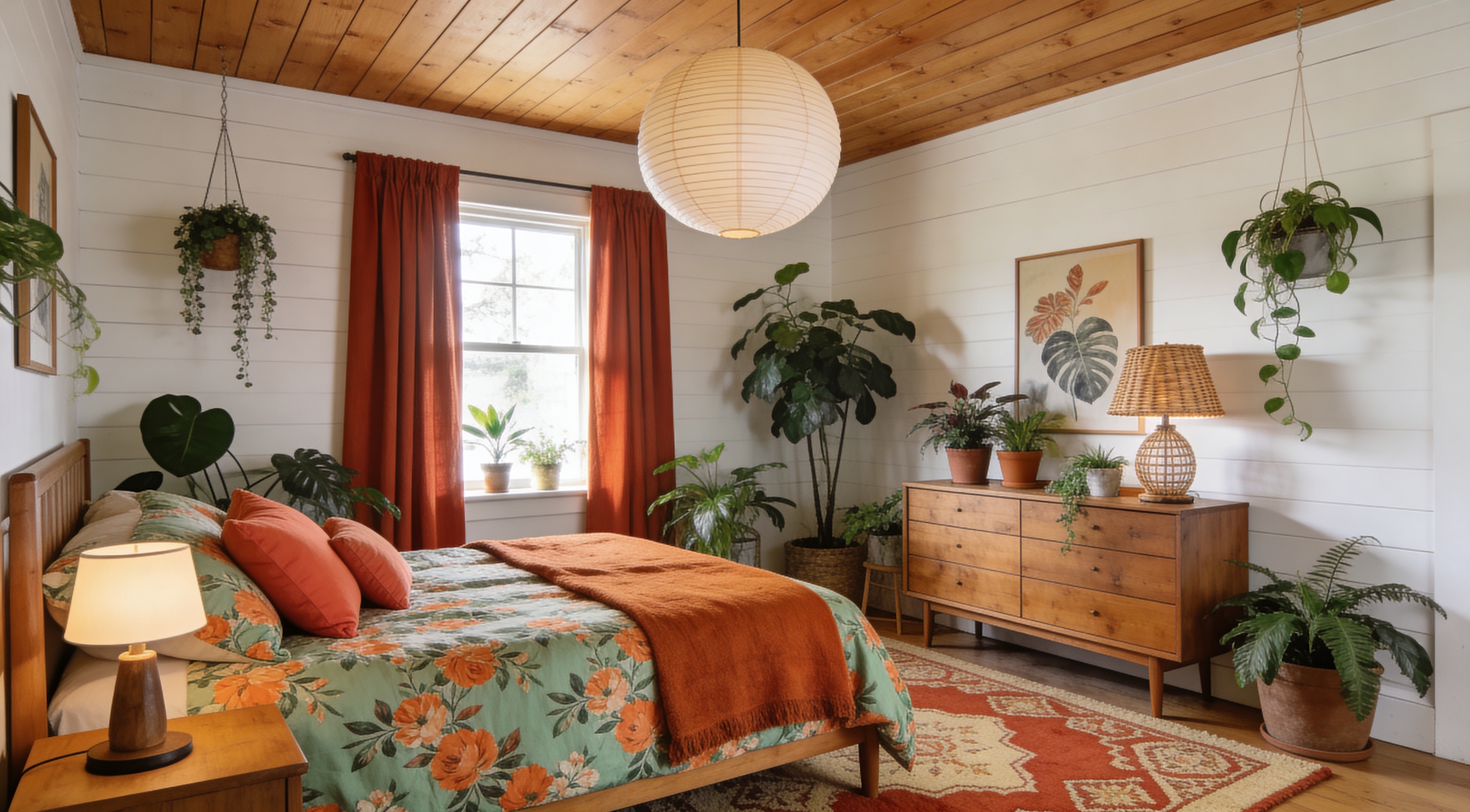 A warm, plant-filled bedroom with earthy tones, wood furniture and layered textiles