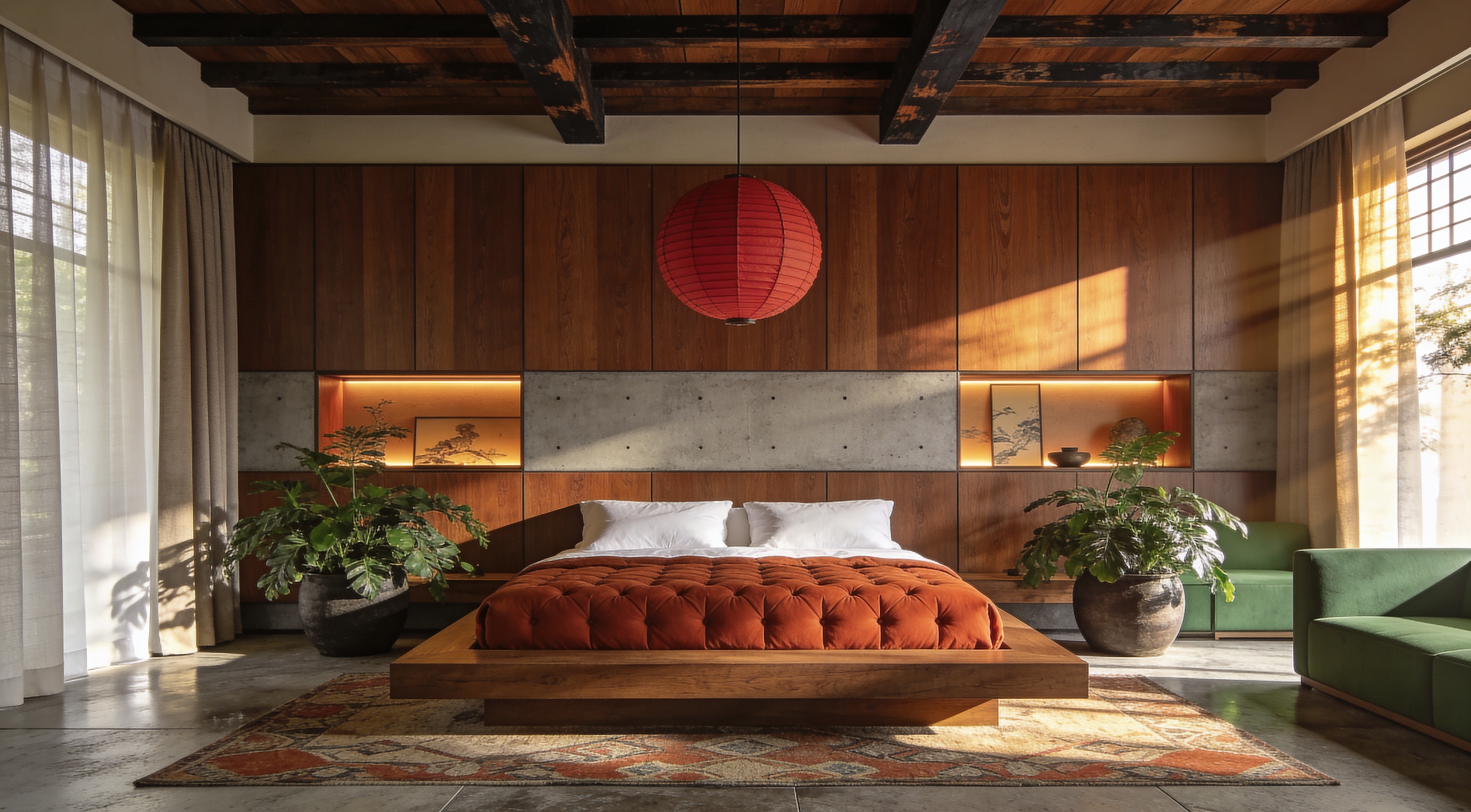 A dramatic upholstered headboard with warm linen bedding and layered pillows
