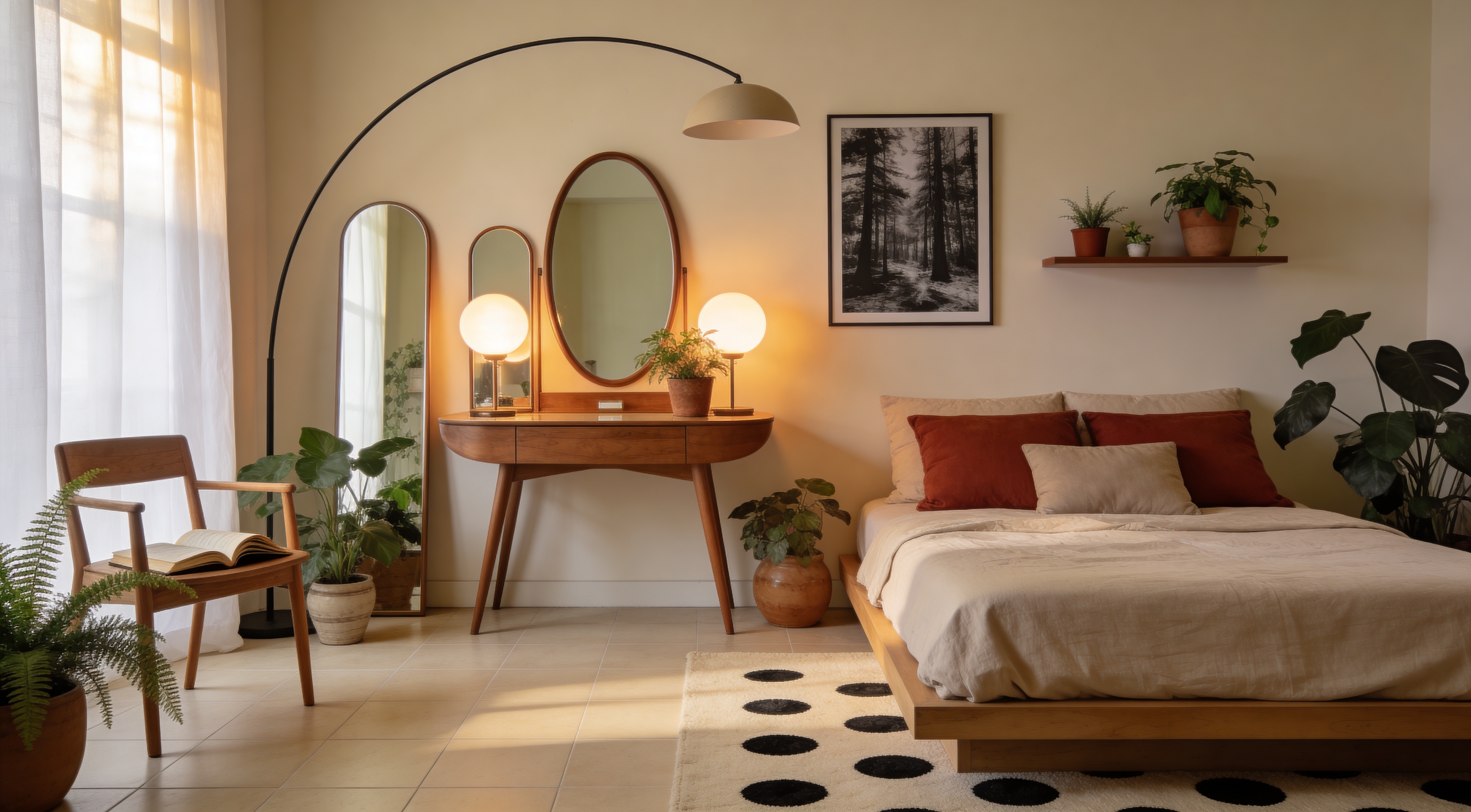 Layered bedding textures — linen duvet, boucle throw, and linen cushions in warm earthy tones