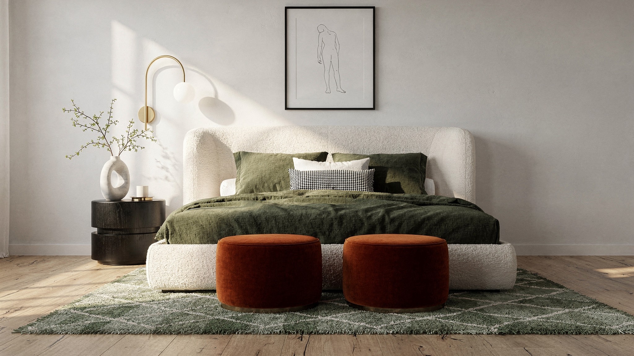 A curved cream bouclé headboard against an olive green bedspread, with rust velvet ottomans at the foot of the bed