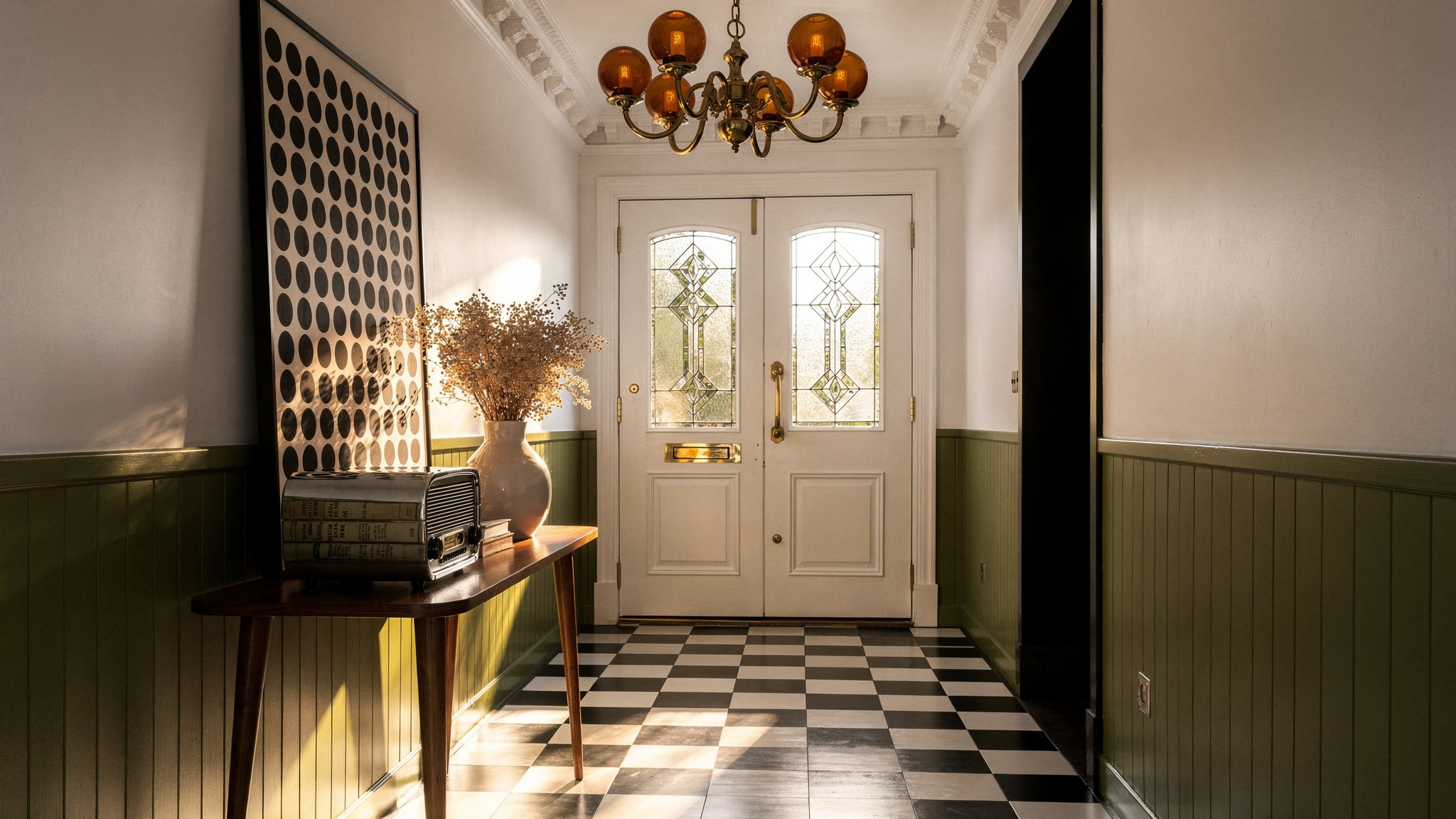 A wide kitchen with terracotta and cream checkerboard tiles at 30cm format, warm wood units and open shelving