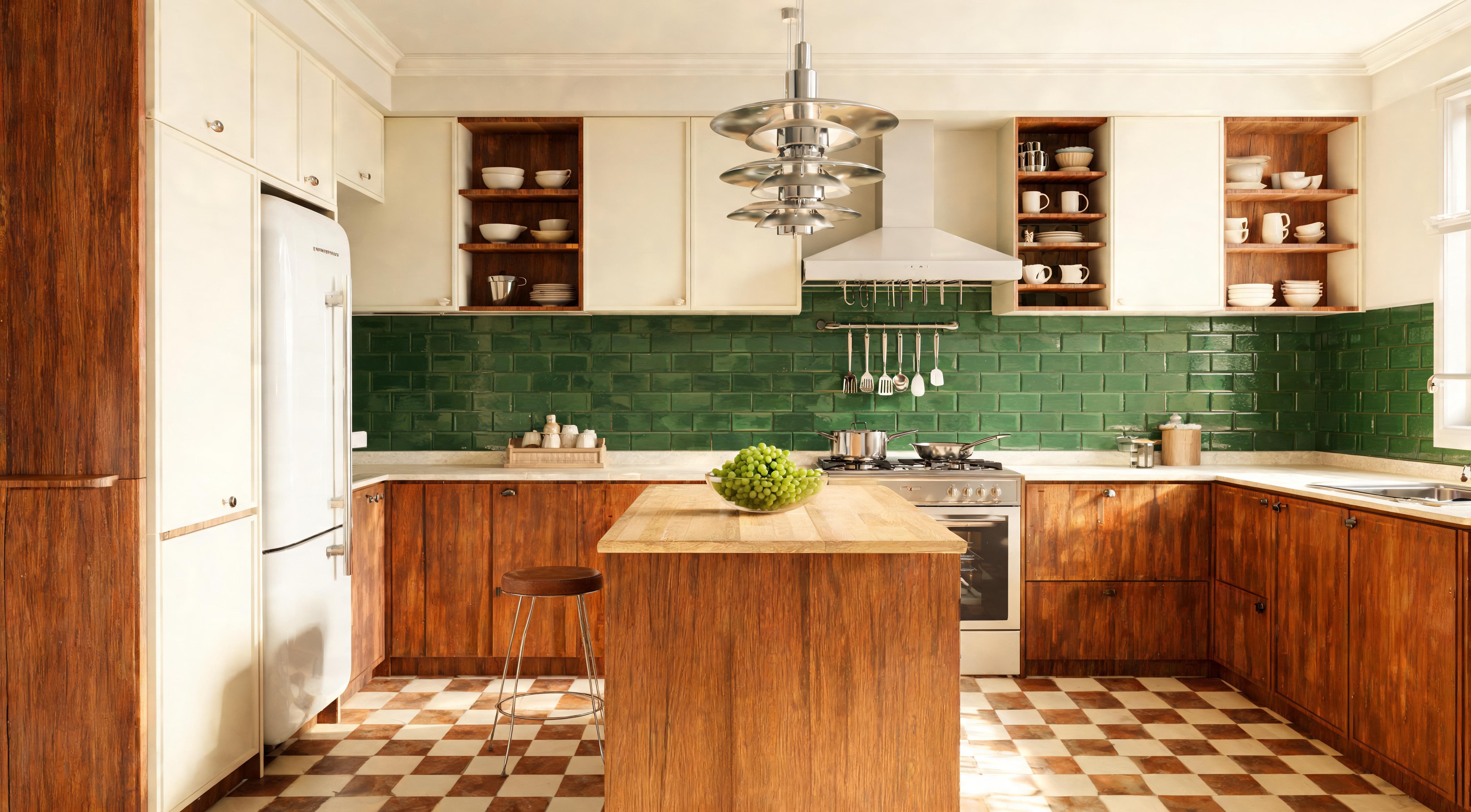 A small cloakroom with forest green and chalk checkerboard floor tiles, brass tap and warm plaster walls