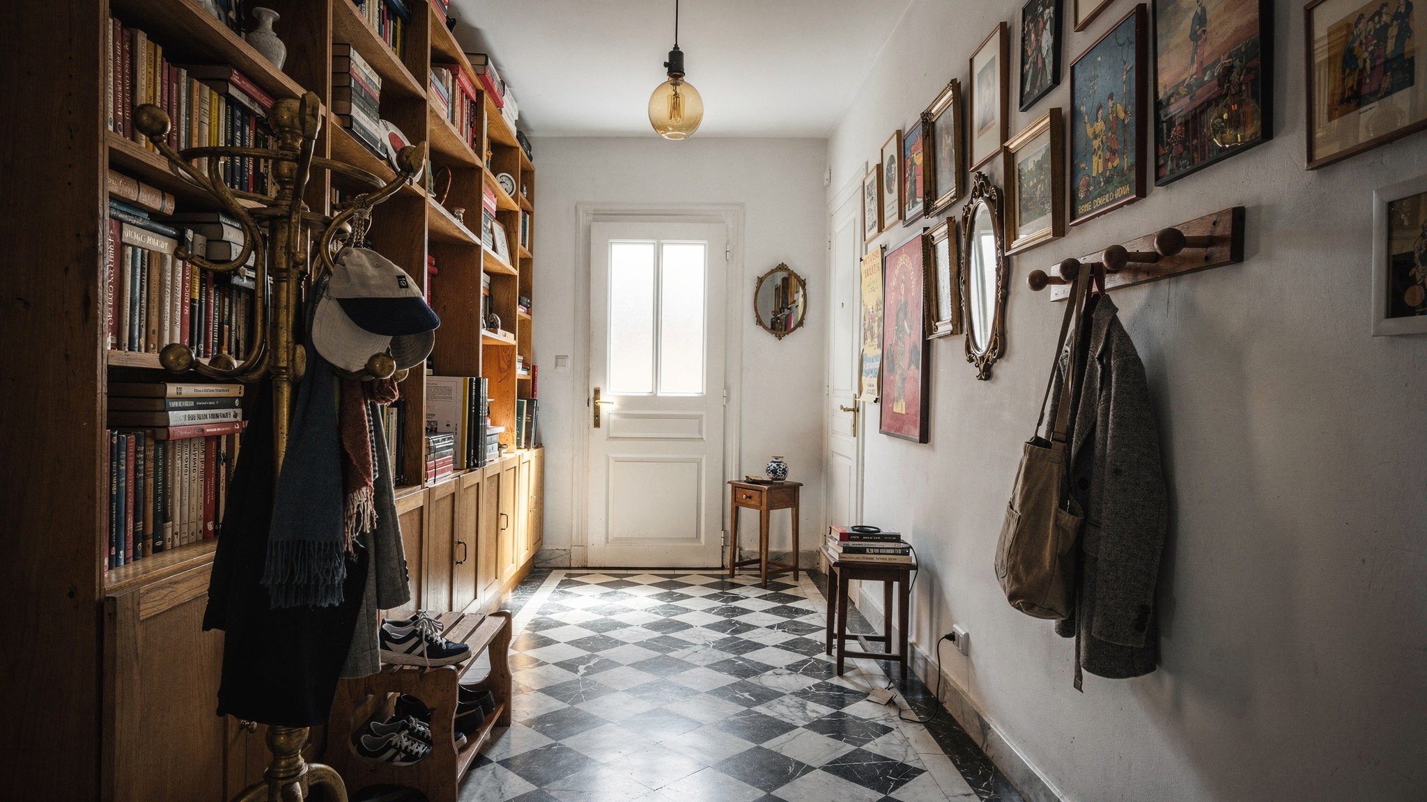 A terracotta and cream checkerboard tiled floor in a bright kitchen with warm wood units