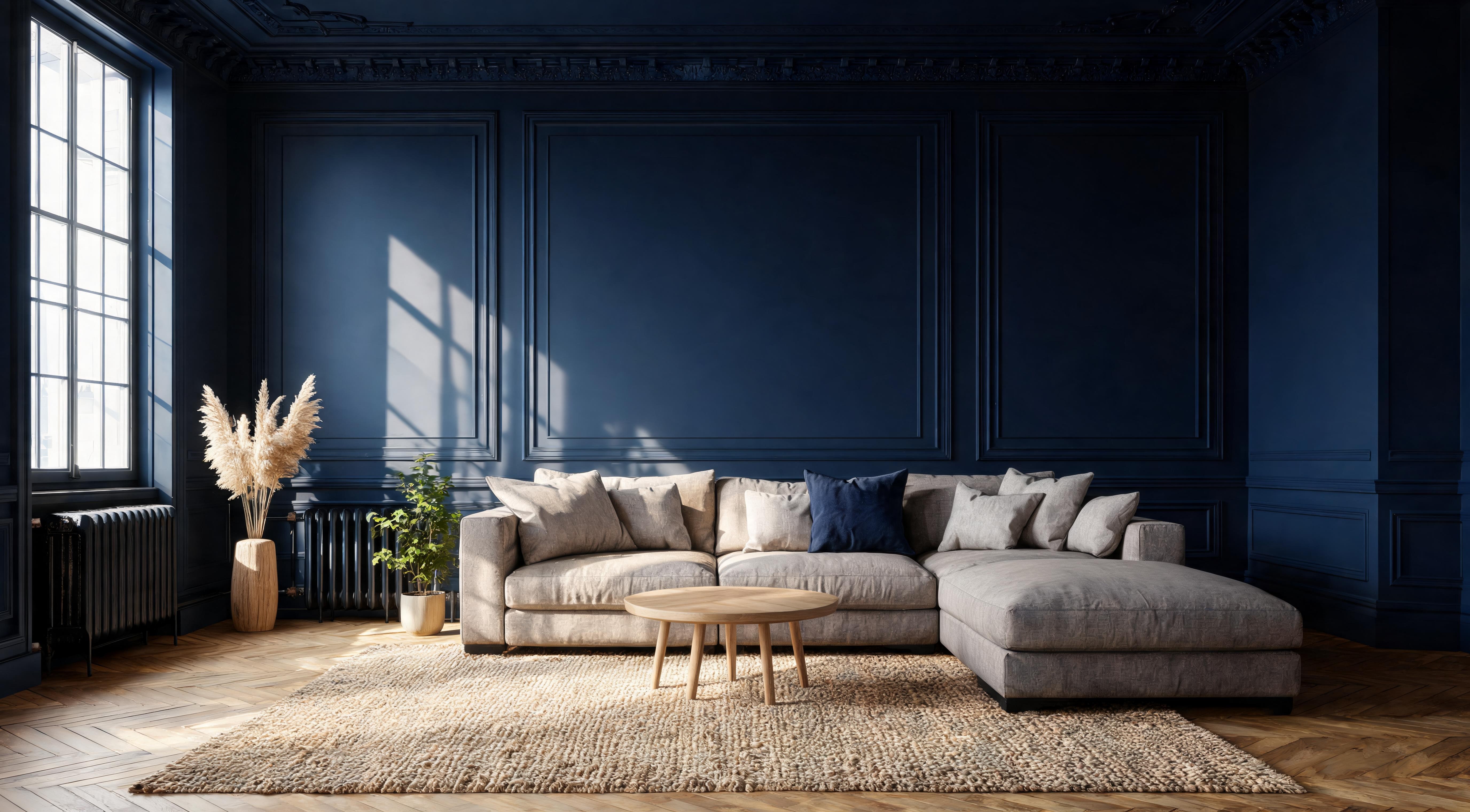 A colour-drenched living room with walls, ceiling and woodwork painted in the same deep tone