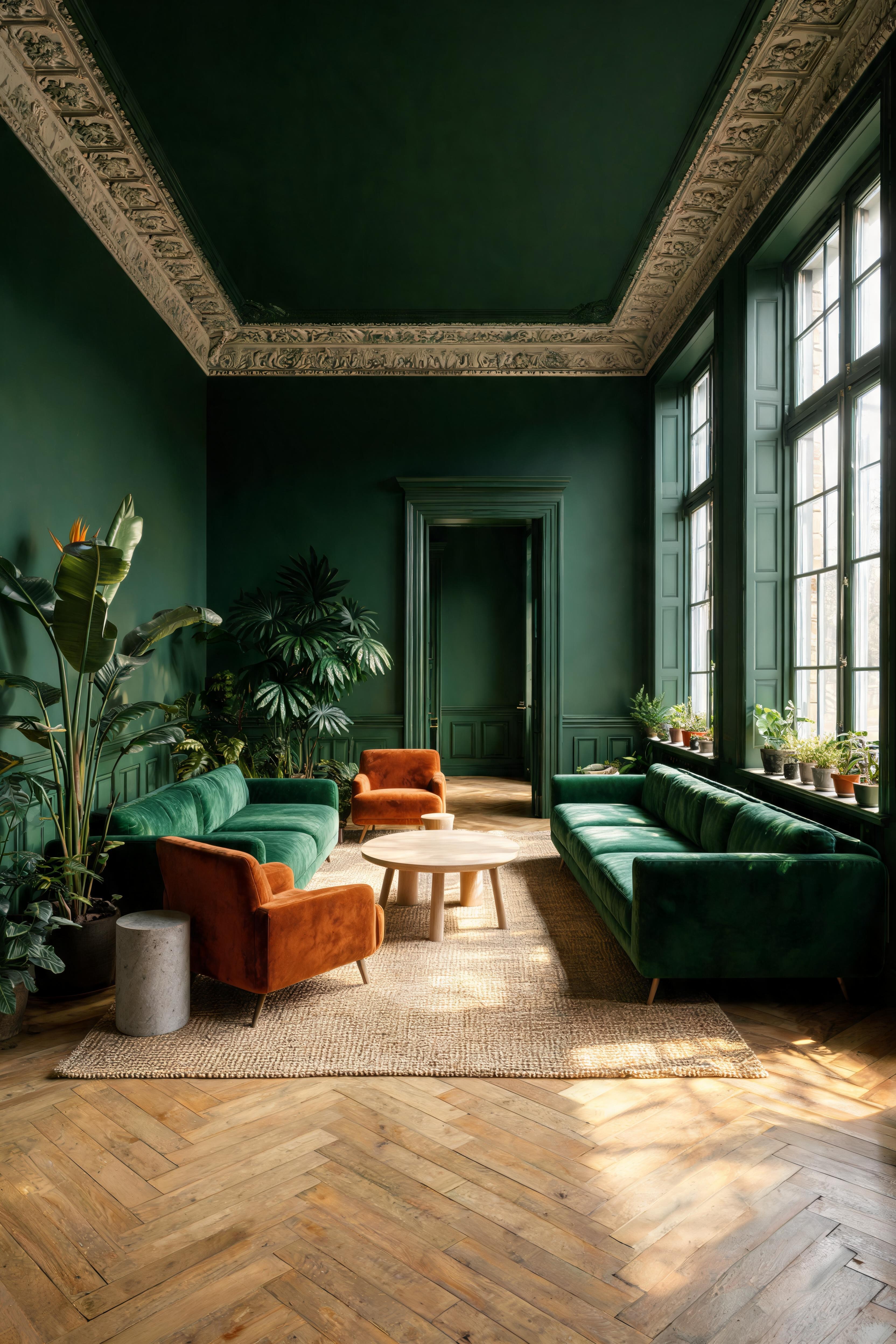 A colour-drenched living room with walls, ceiling and woodwork painted in the same deep tone
