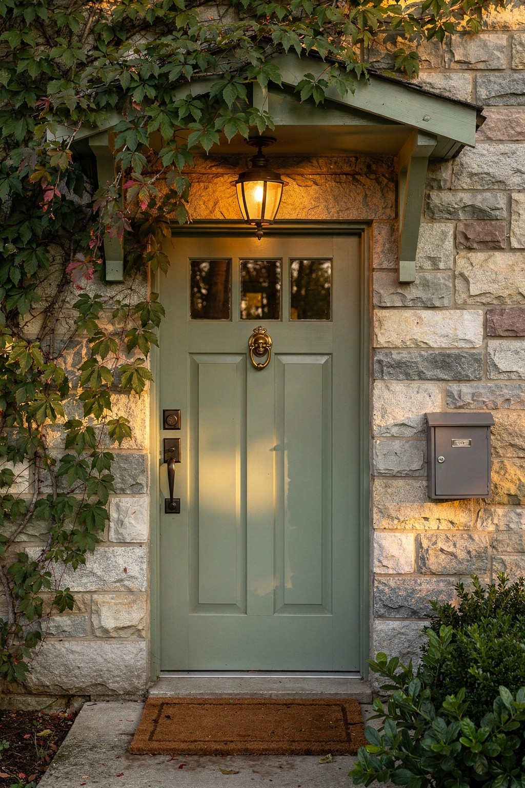 Your front door in deep forest green against pale render, brass hardware catching afternoon light