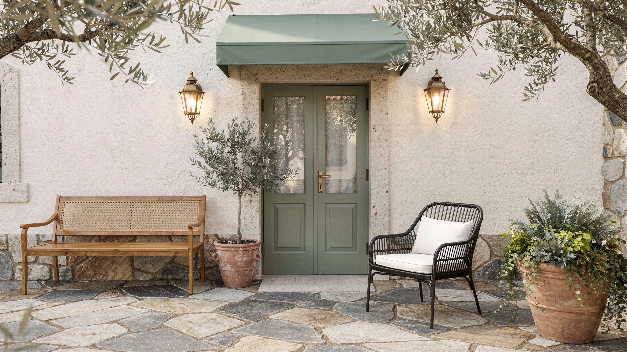 Your front door mid-repaint, masking tape along the frame and a tin of exterior eggshell open on the step