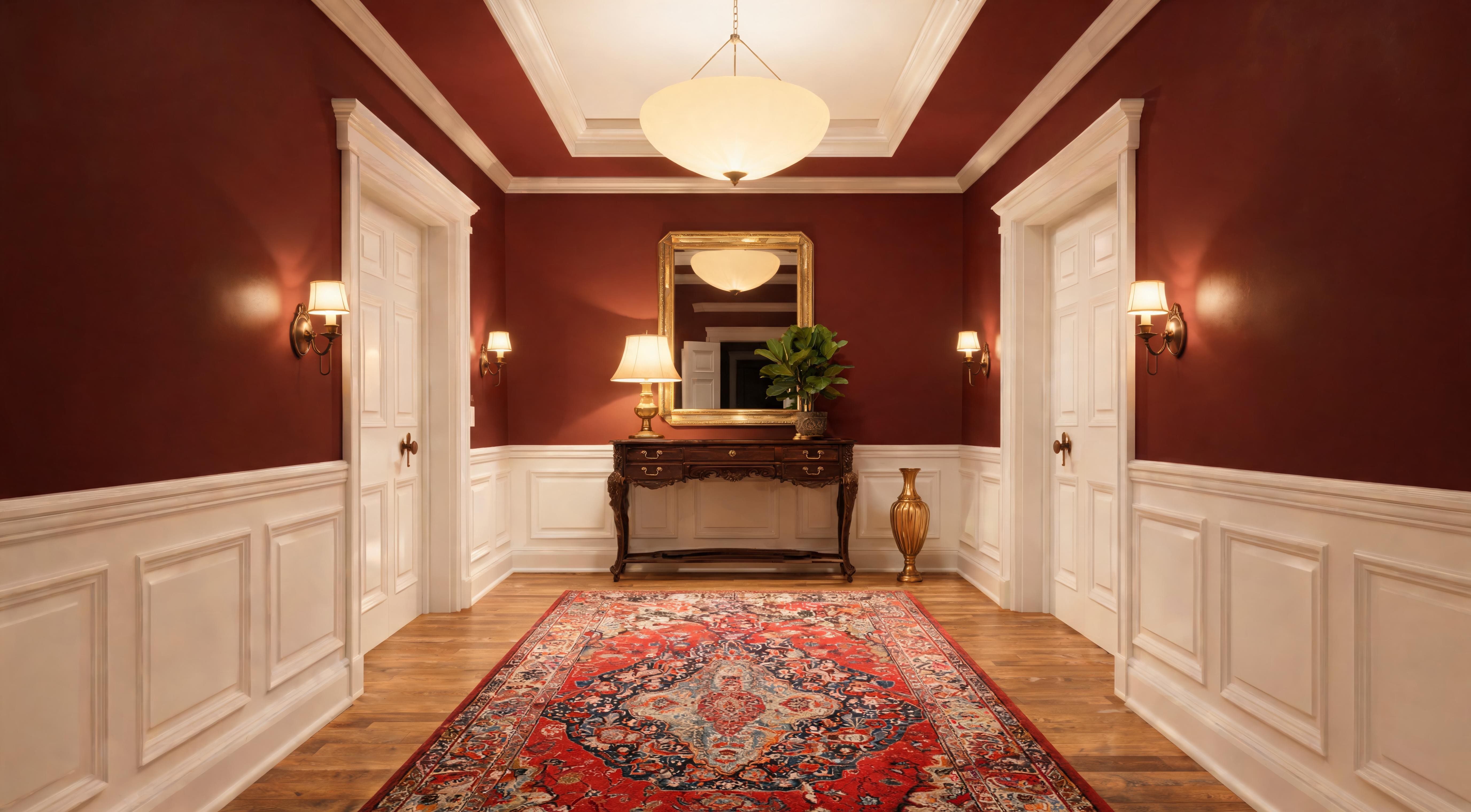 A traditional hallway with a dark wood console table, gold-framed mirror above, wall sconces either side and a Persian rug on hardwood floors