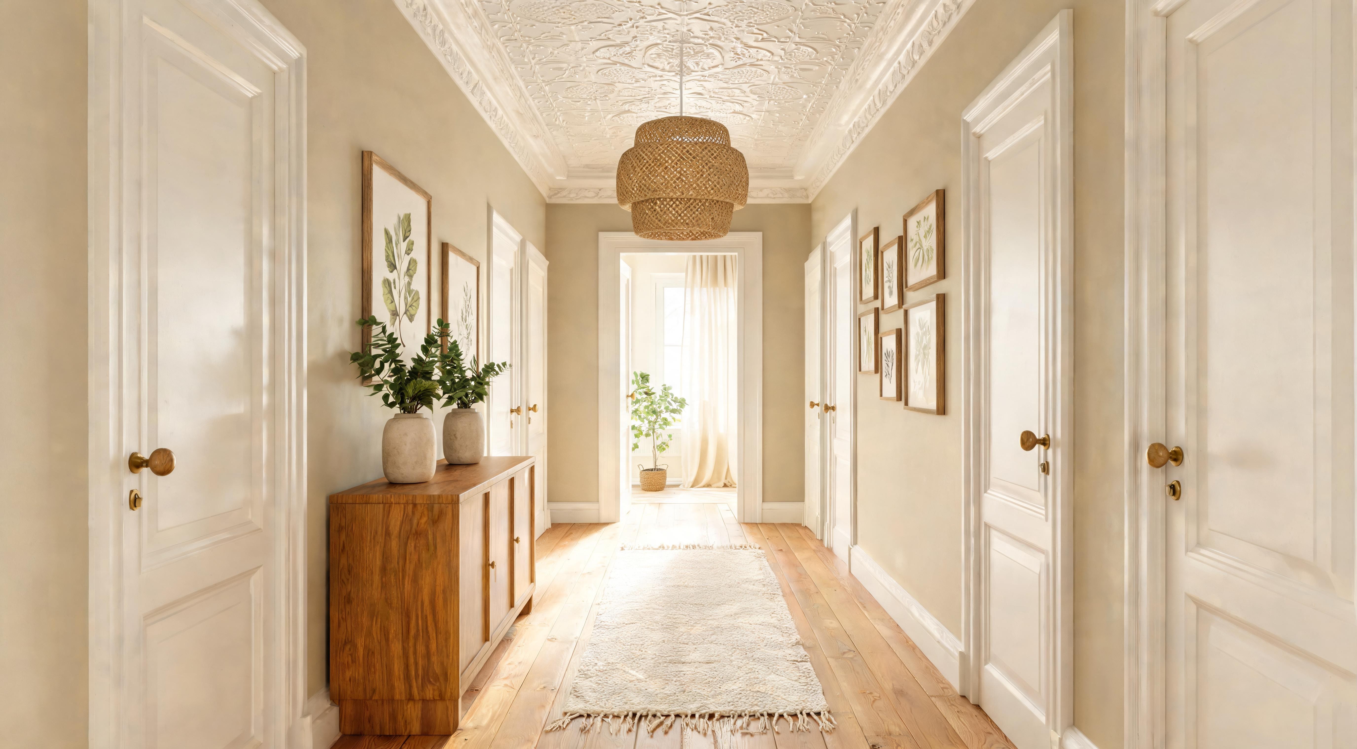 A designed hallway with a console table, mirror, wall light and coat hooks in warm natural light