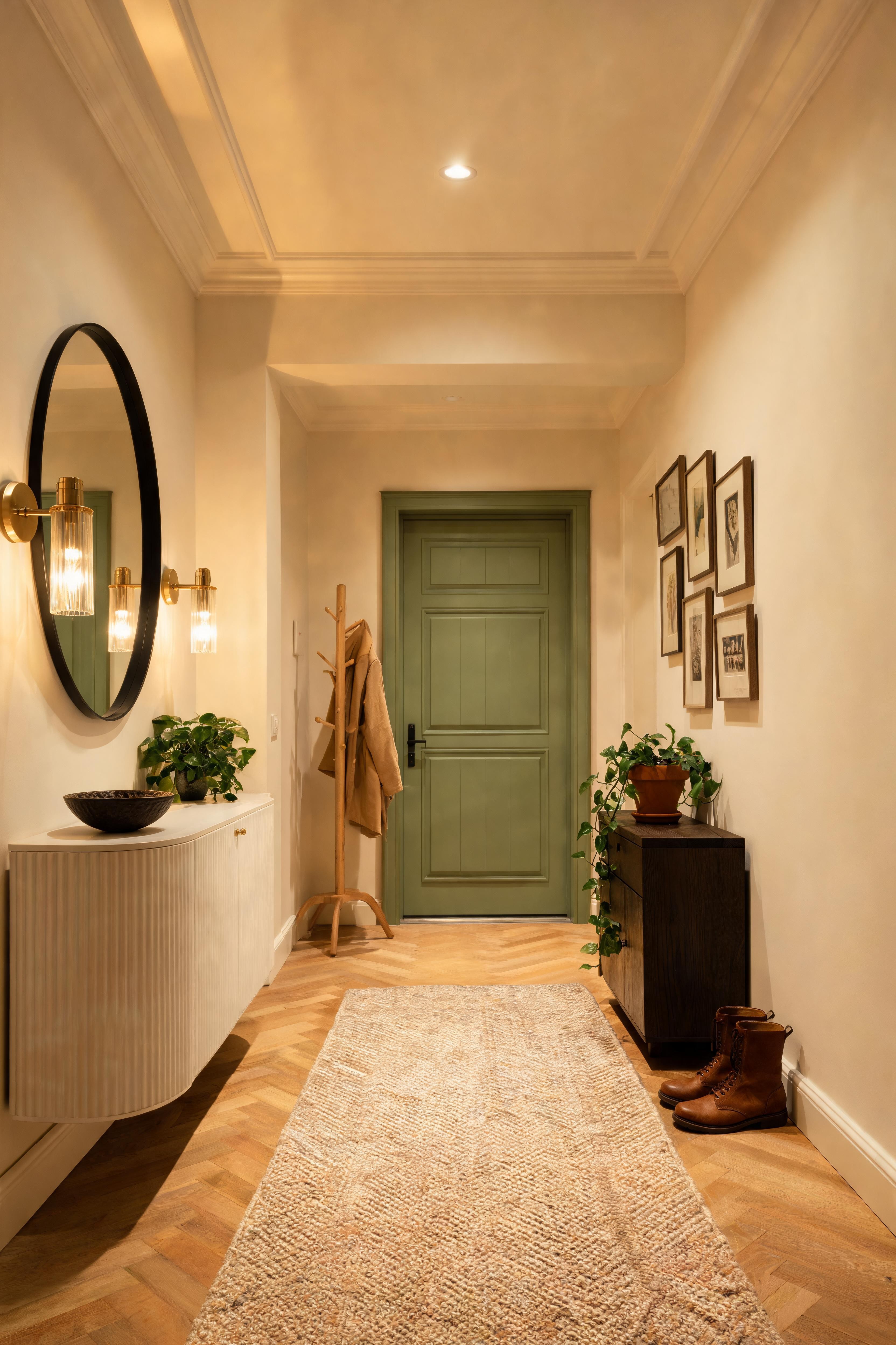 A designed hallway with a console table, mirror, wall light and coat hooks in warm natural light