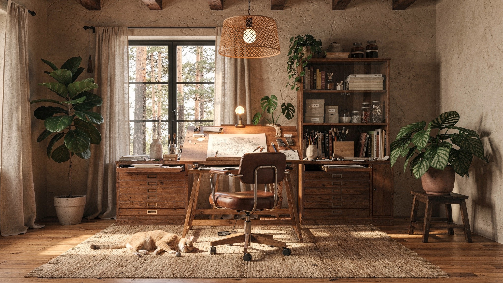 A well-appointed hobby corner with a wooden work desk, open shelving, warm lighting and a comfortable chair