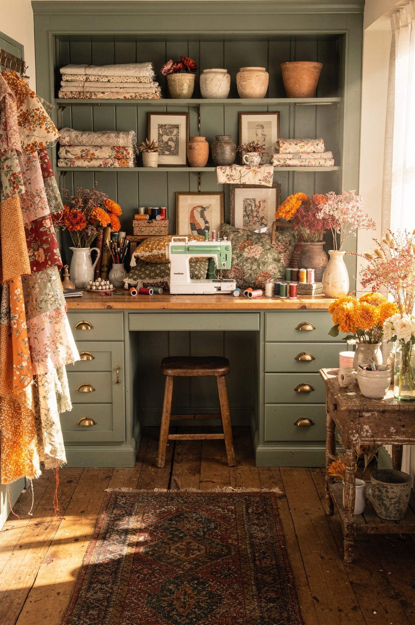 A well-appointed hobby corner with a wooden work desk, open shelving, warm lighting and a comfortable chair