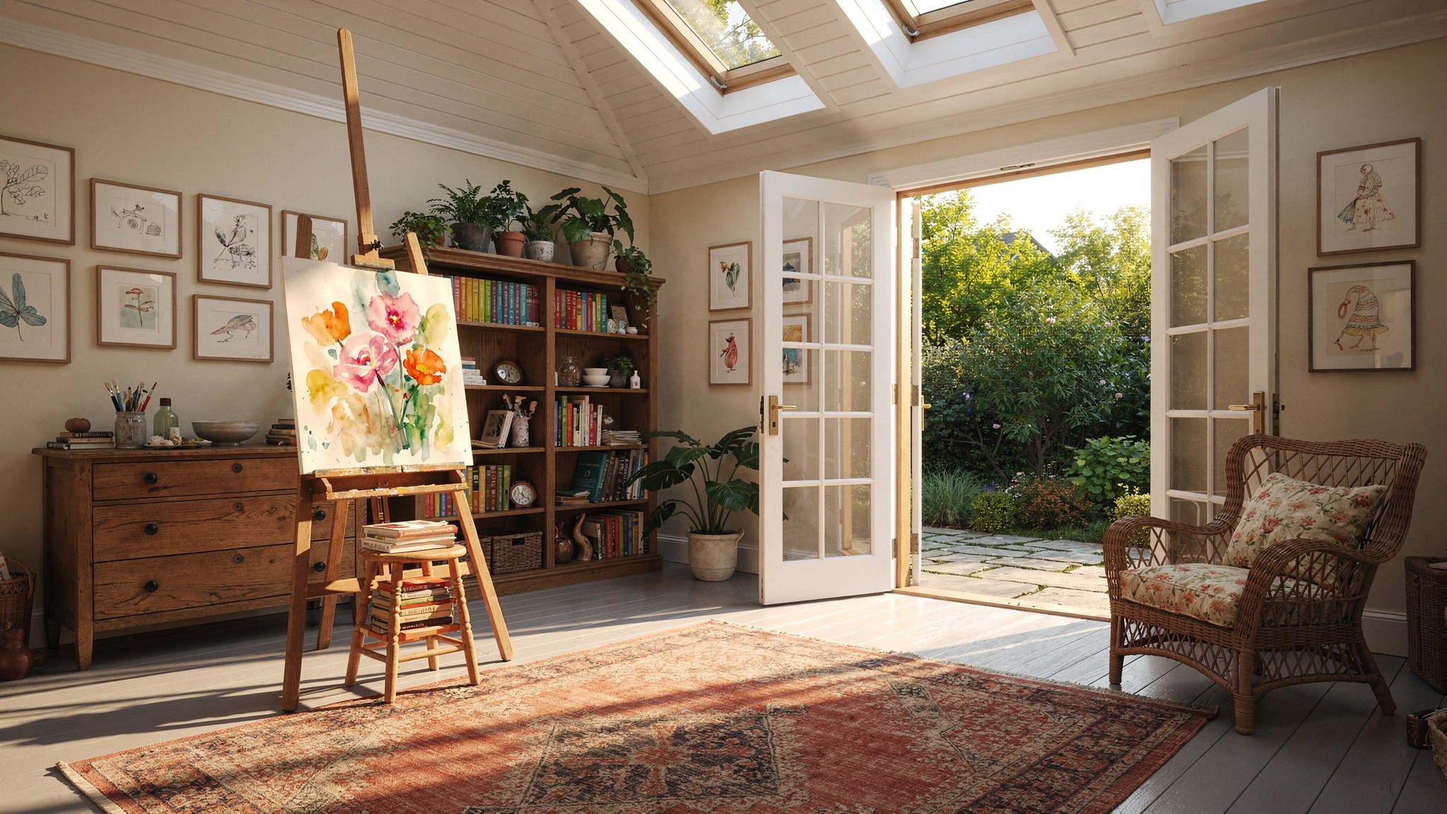 A garden-facing studio corner with skylights, an easel, a bookshelf, a rattan armchair and French doors open to the garden