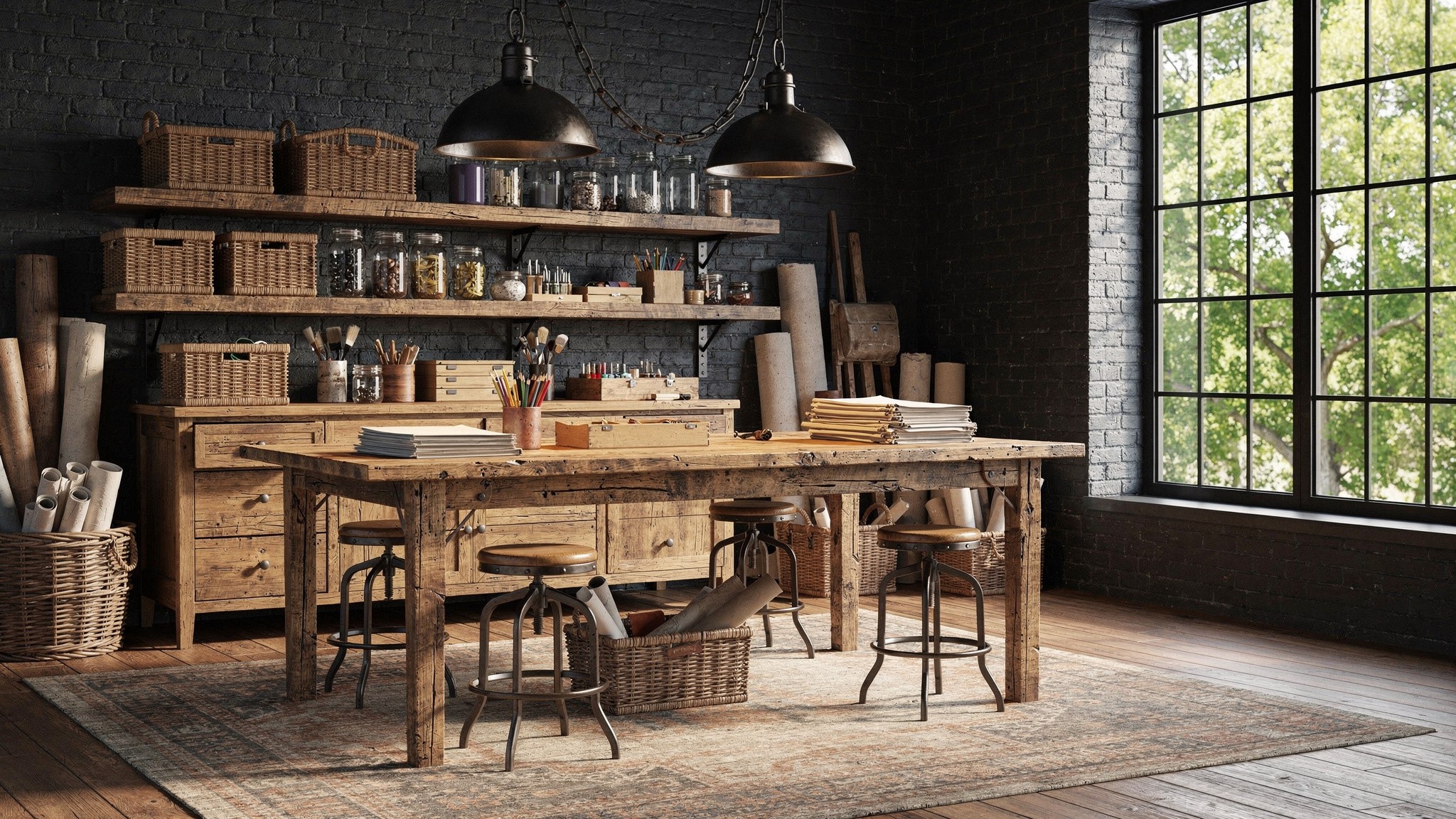 A long rustic workshop table with pendant lighting, woven storage baskets and a wall of open shelving holding jars and tools