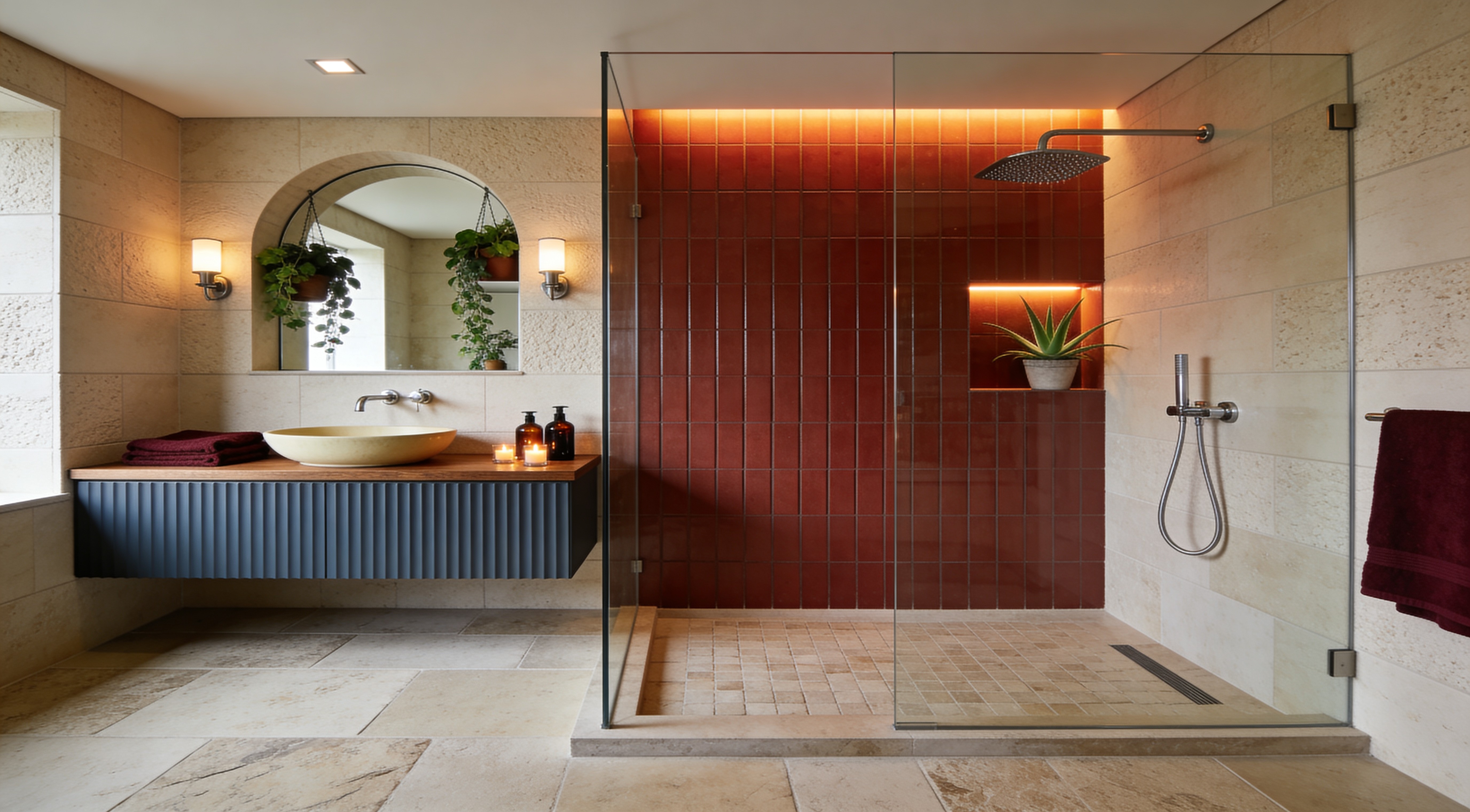Your bathroom with a lush boston fern hanging beside a frosted window, steam and green
