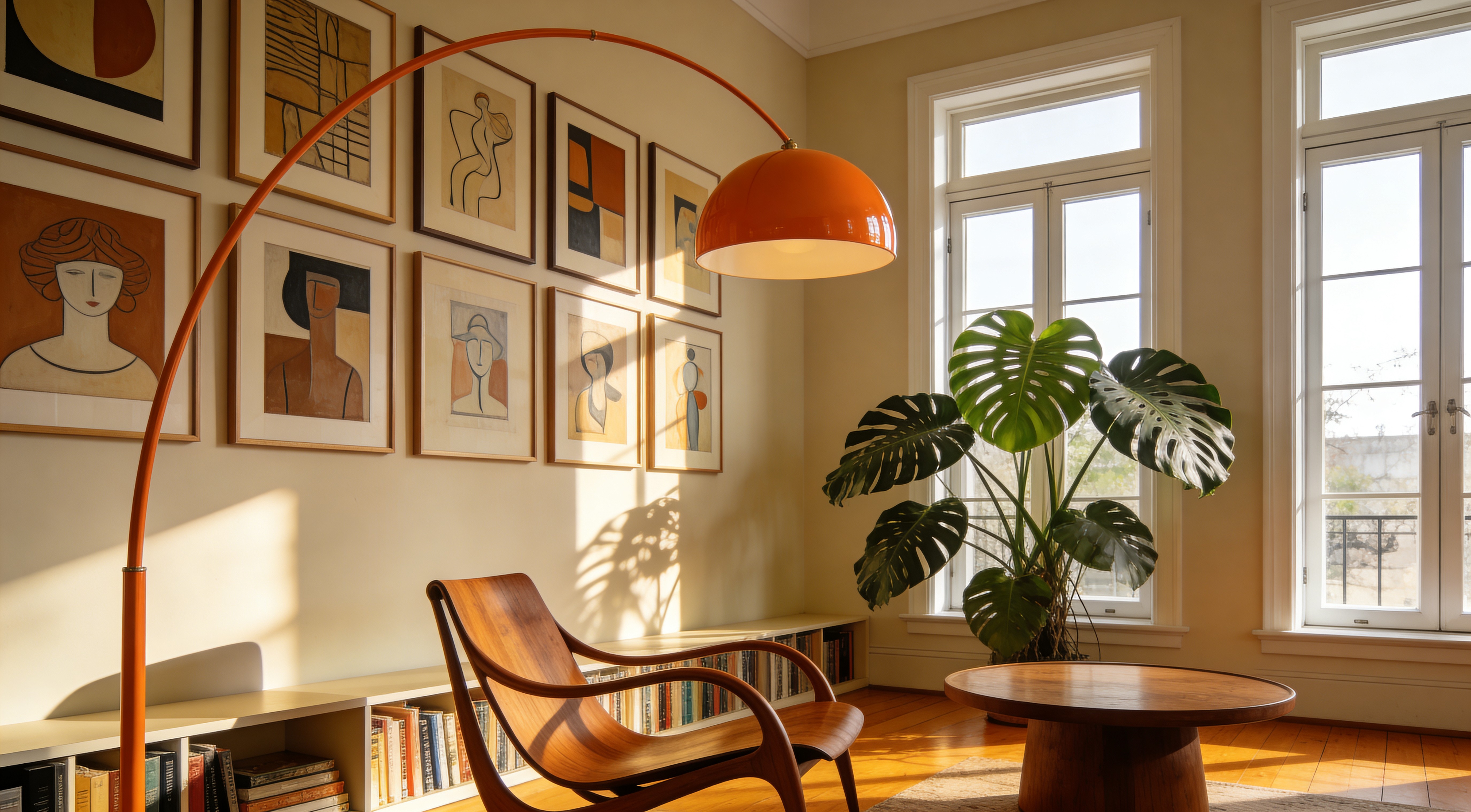 Your living room with a large fiddle leaf fig beside a bright window, natural light, warm interior