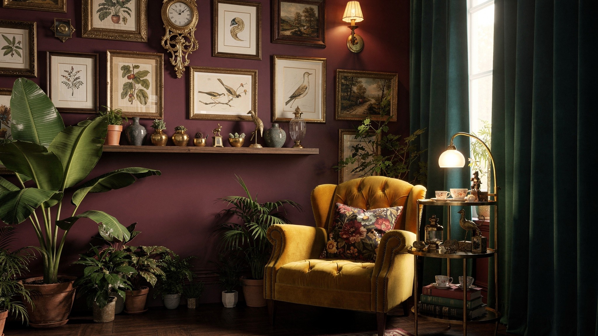 A jewel-tone living room corner with rich velvet upholstery, brass lighting and warm candlelight