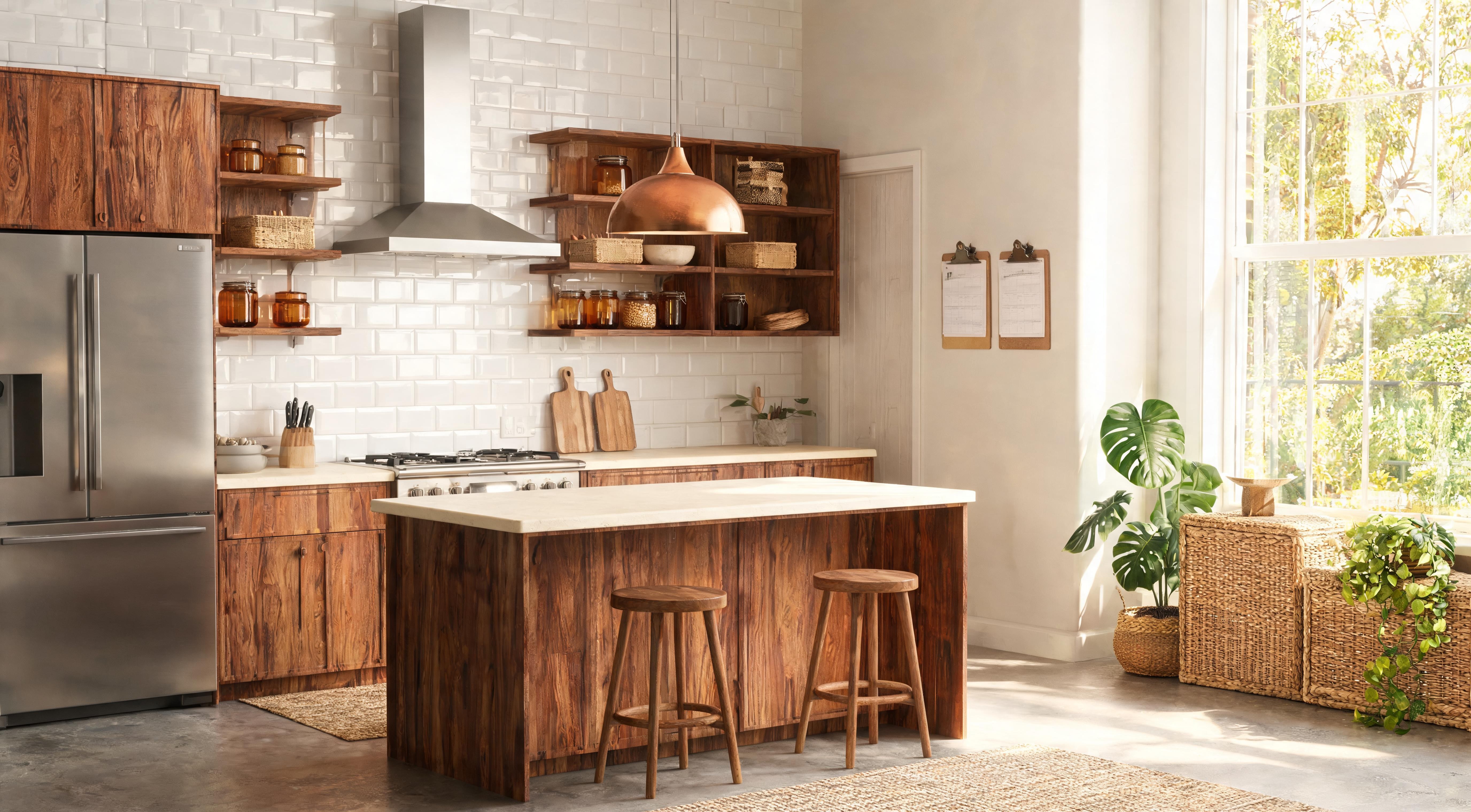 A kitchen with a contrasting navy island, marble worktop and pendant lighting above