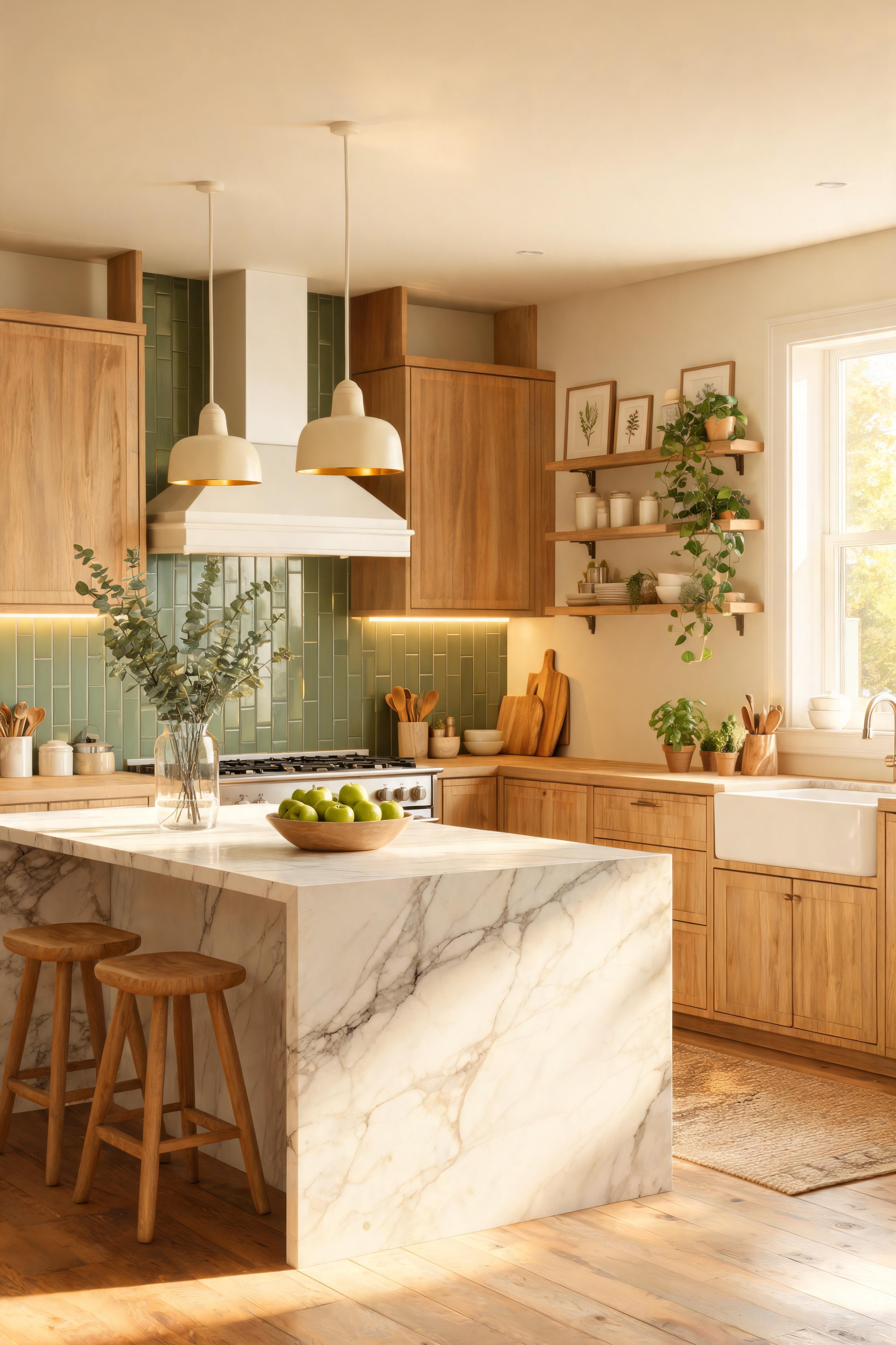A kitchen with a contrasting navy island, marble worktop and pendant lighting above
