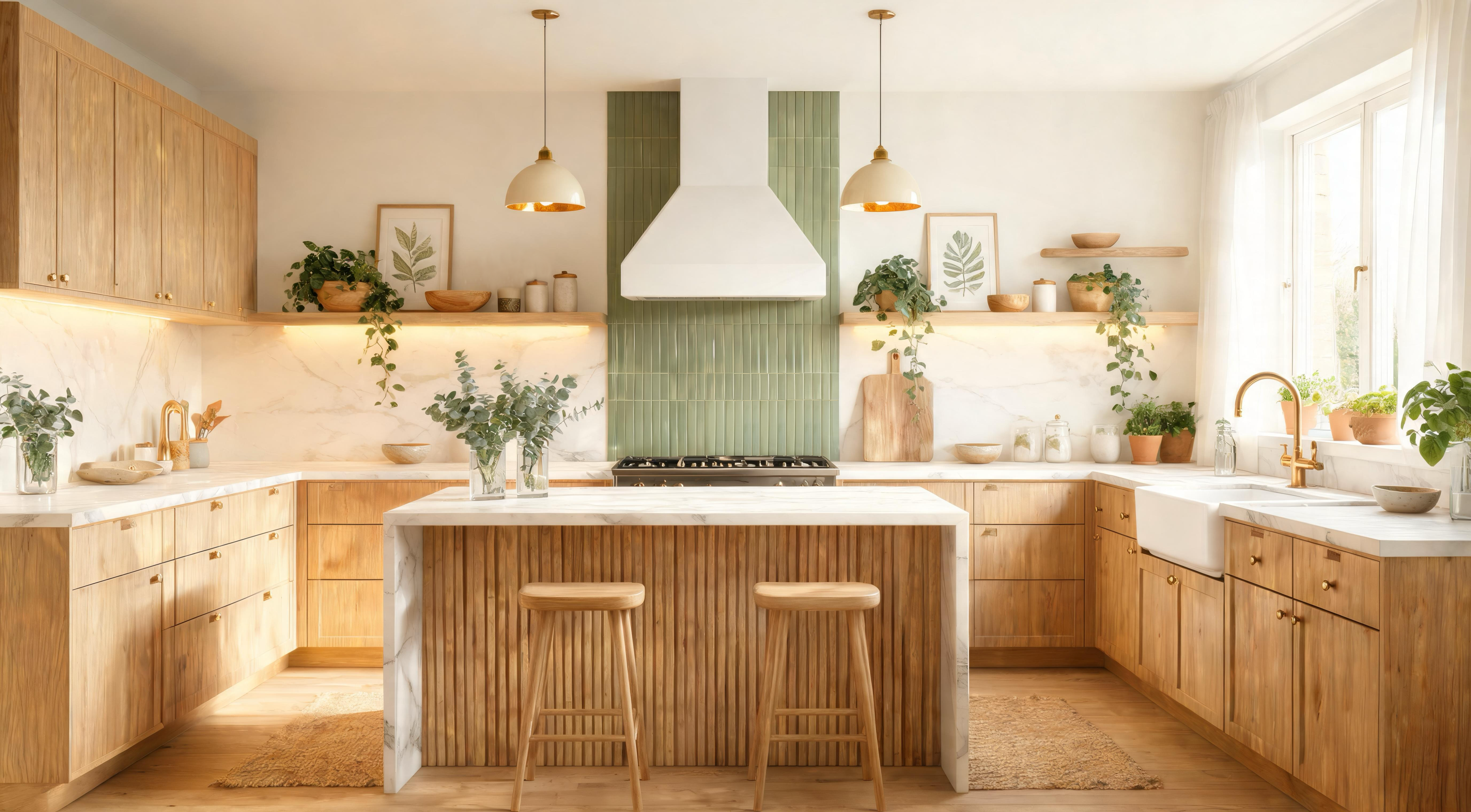 A kitchen island with a seating overhang and three bar stools, warm pendant lighting above