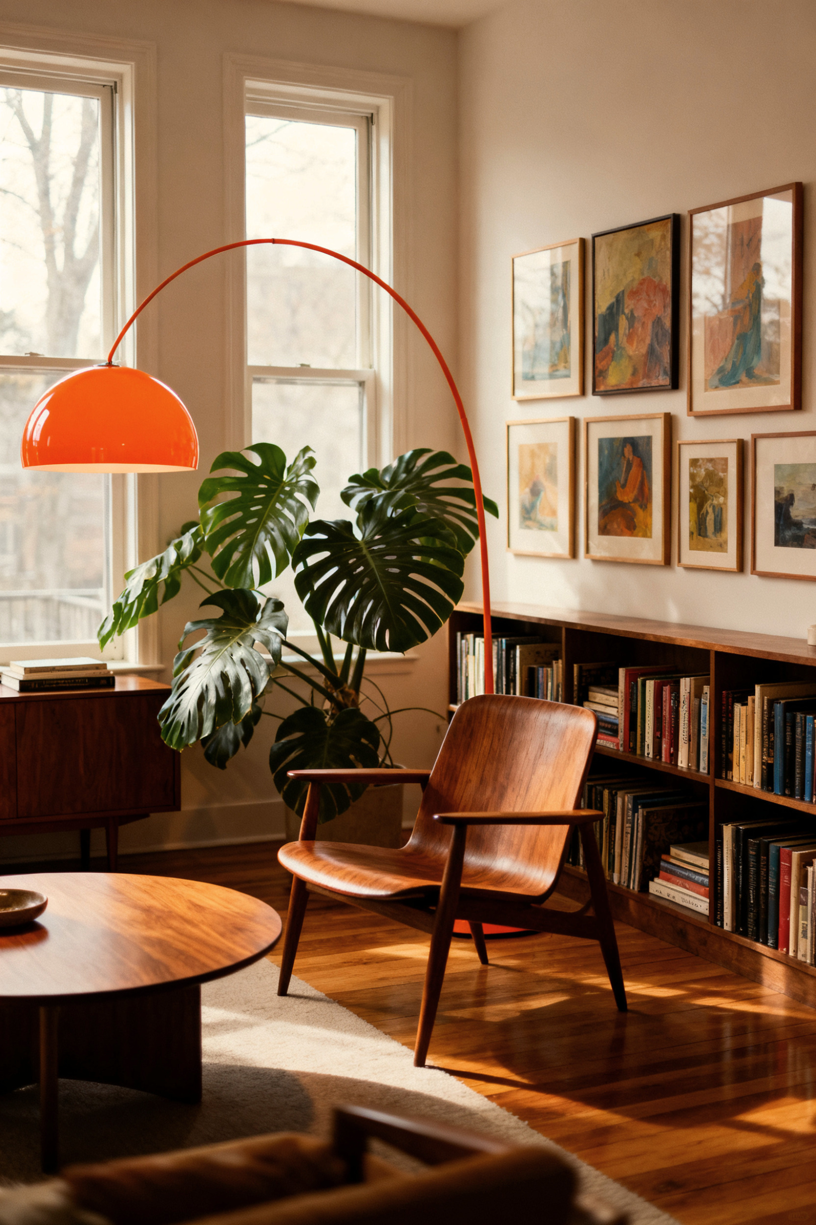 Your moody, warm living room at night with layered lighting, a green bouclé chair, vinyl record wall and city view