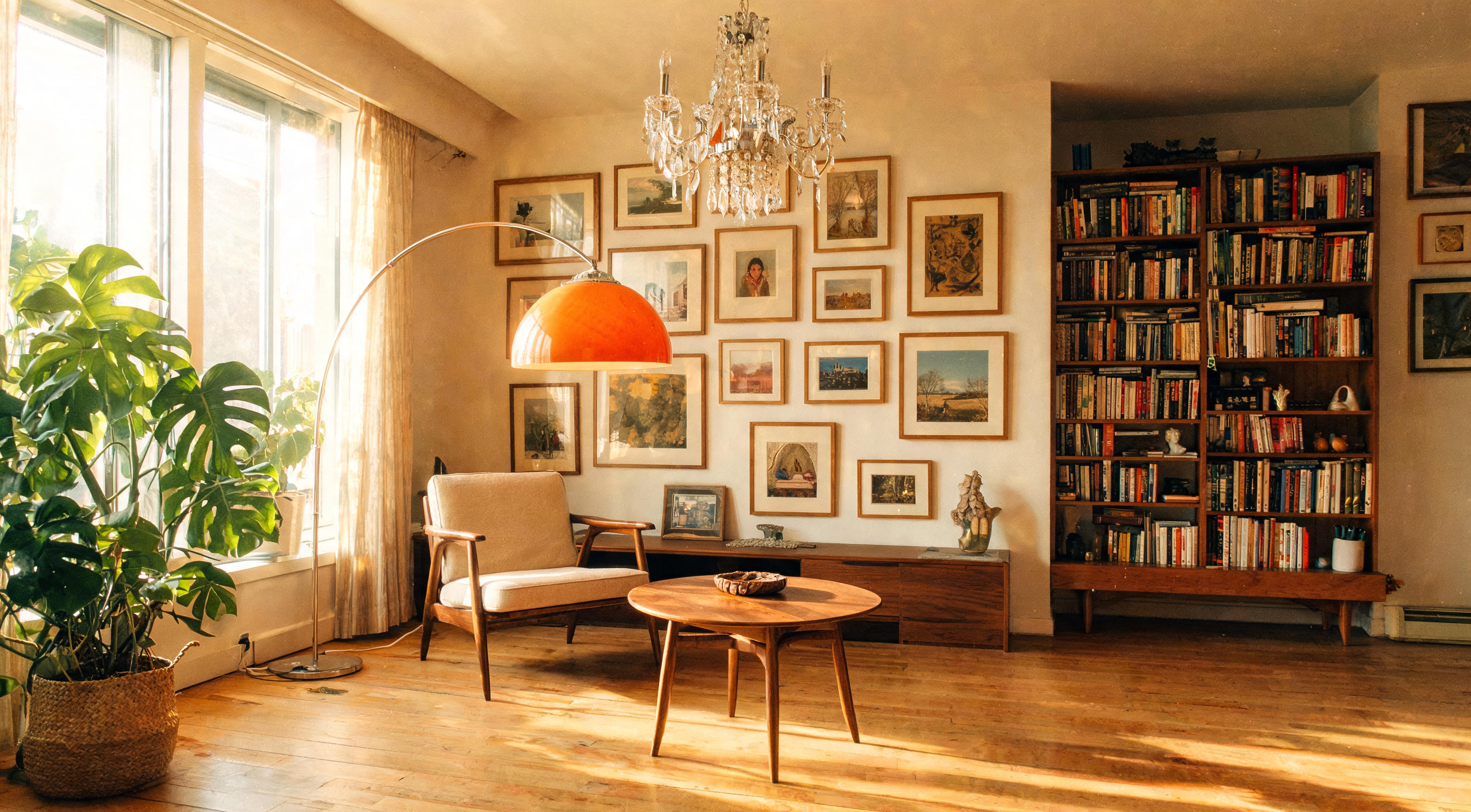 Your living room at night — two sofas, a single glowing floor lamp and a candle on the coffee table creating pools of warm amber light