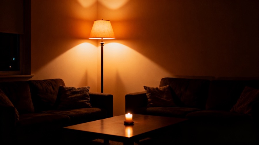 A person reading a book in a warm wingback armchair under a focused lamp in a dark room