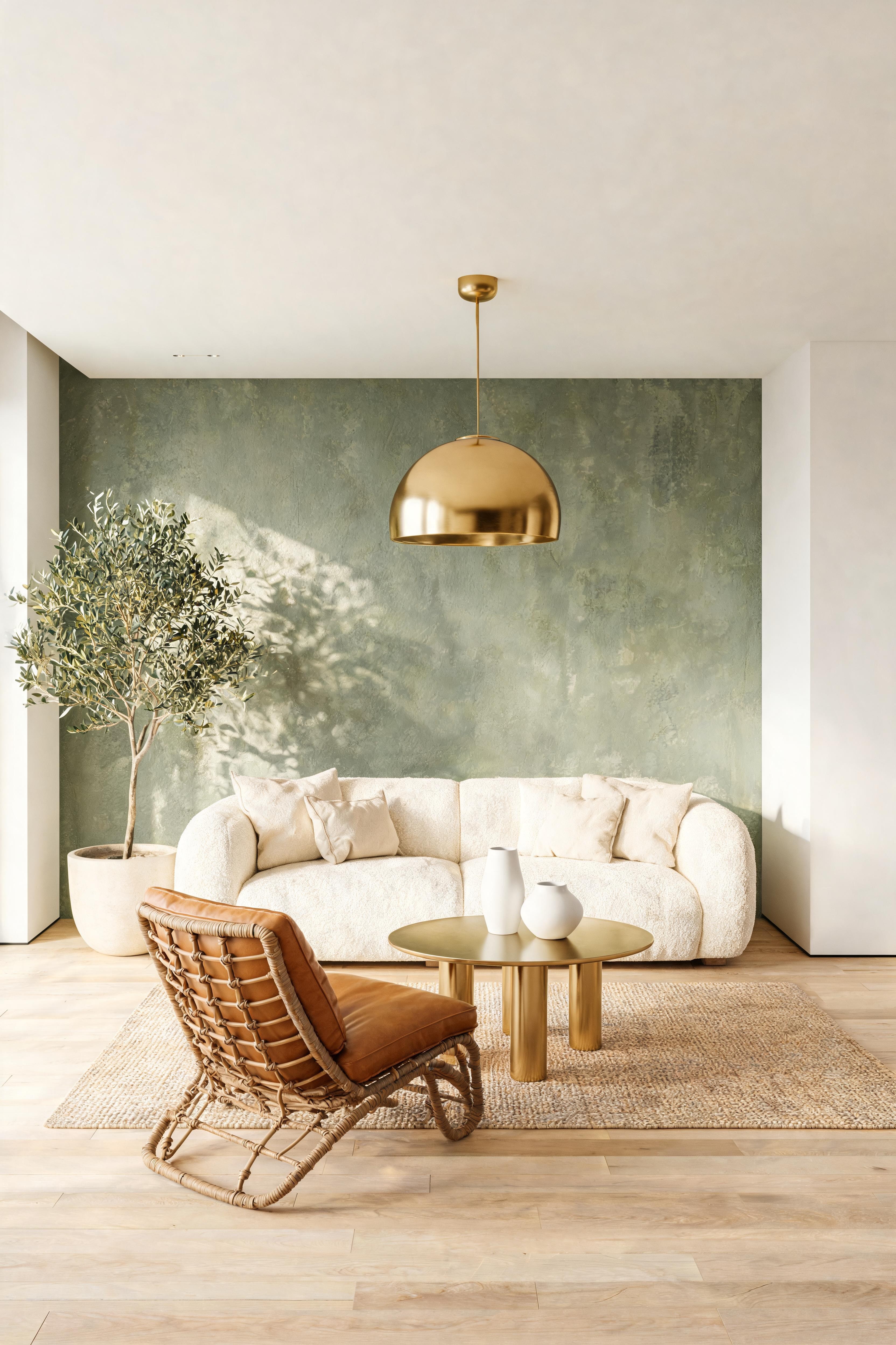 A sage green limewash living room with sofa, rattan chair and gold pendant lighting