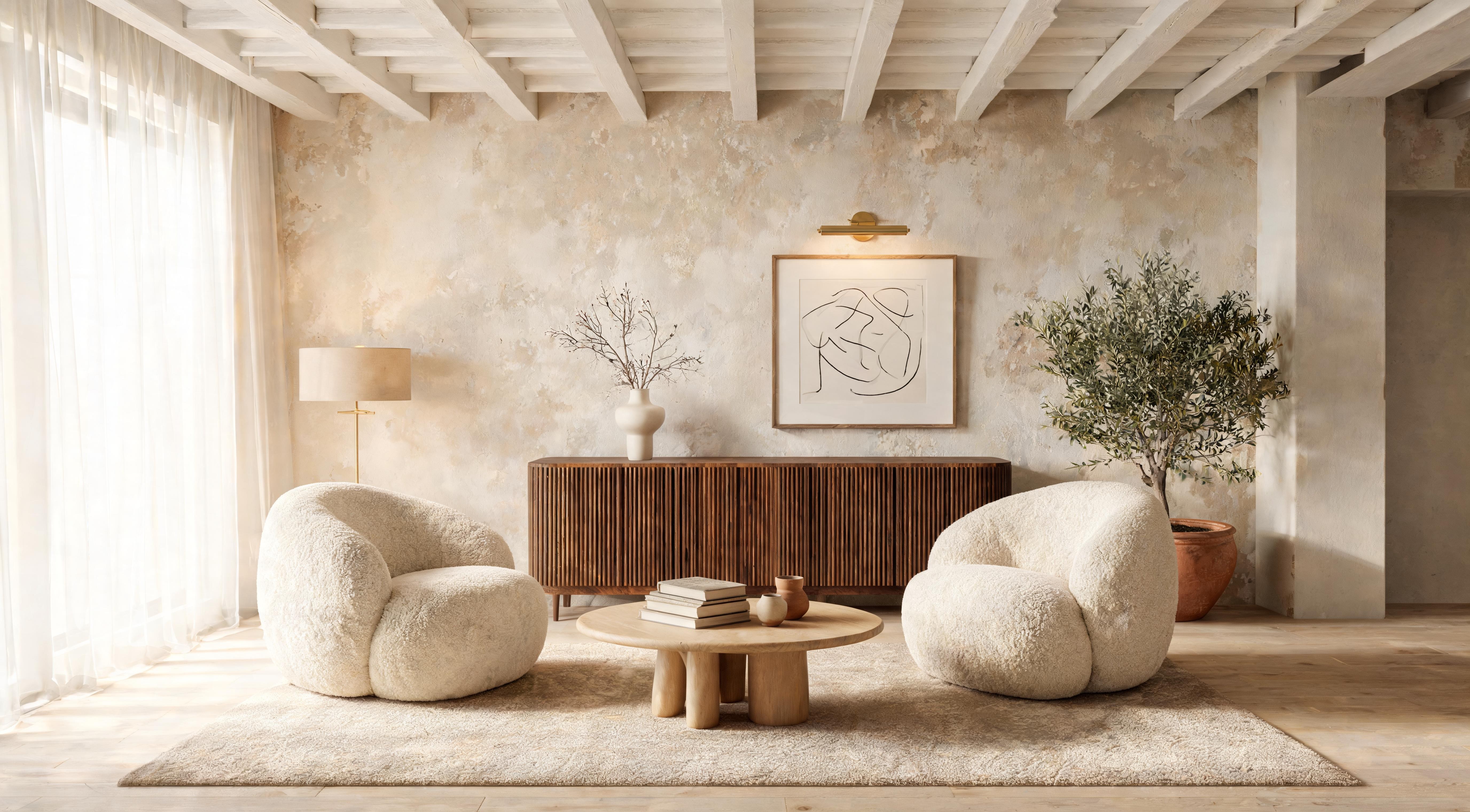 A neutral limewash living room with warm cream walls, two bouclé chairs and a sideboard, natural light from the side showing texture variation