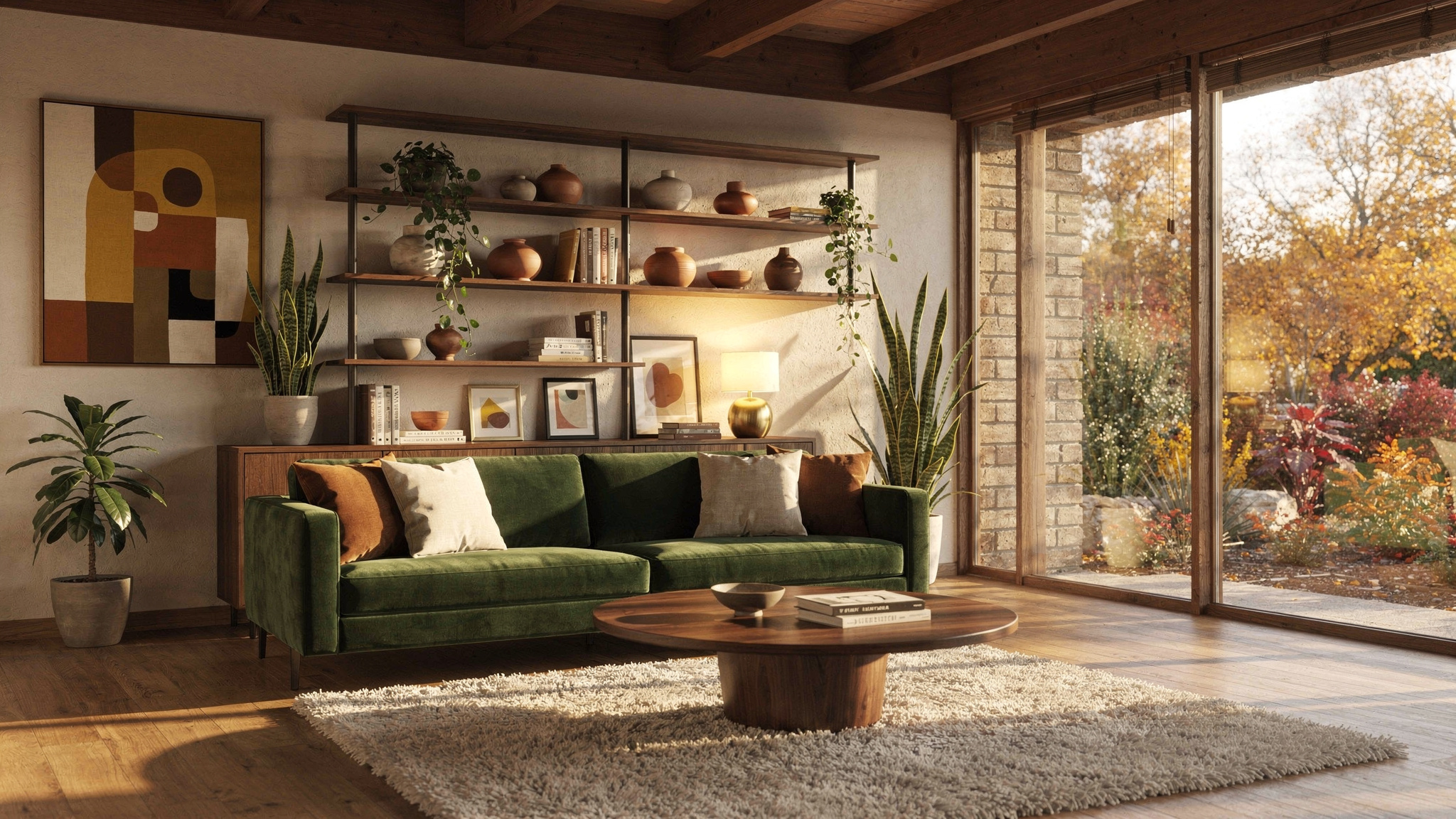 A living room with a dark walnut sideboard, light oak dining table and pale ash shelving — three different wood tones working together against a warm white wall