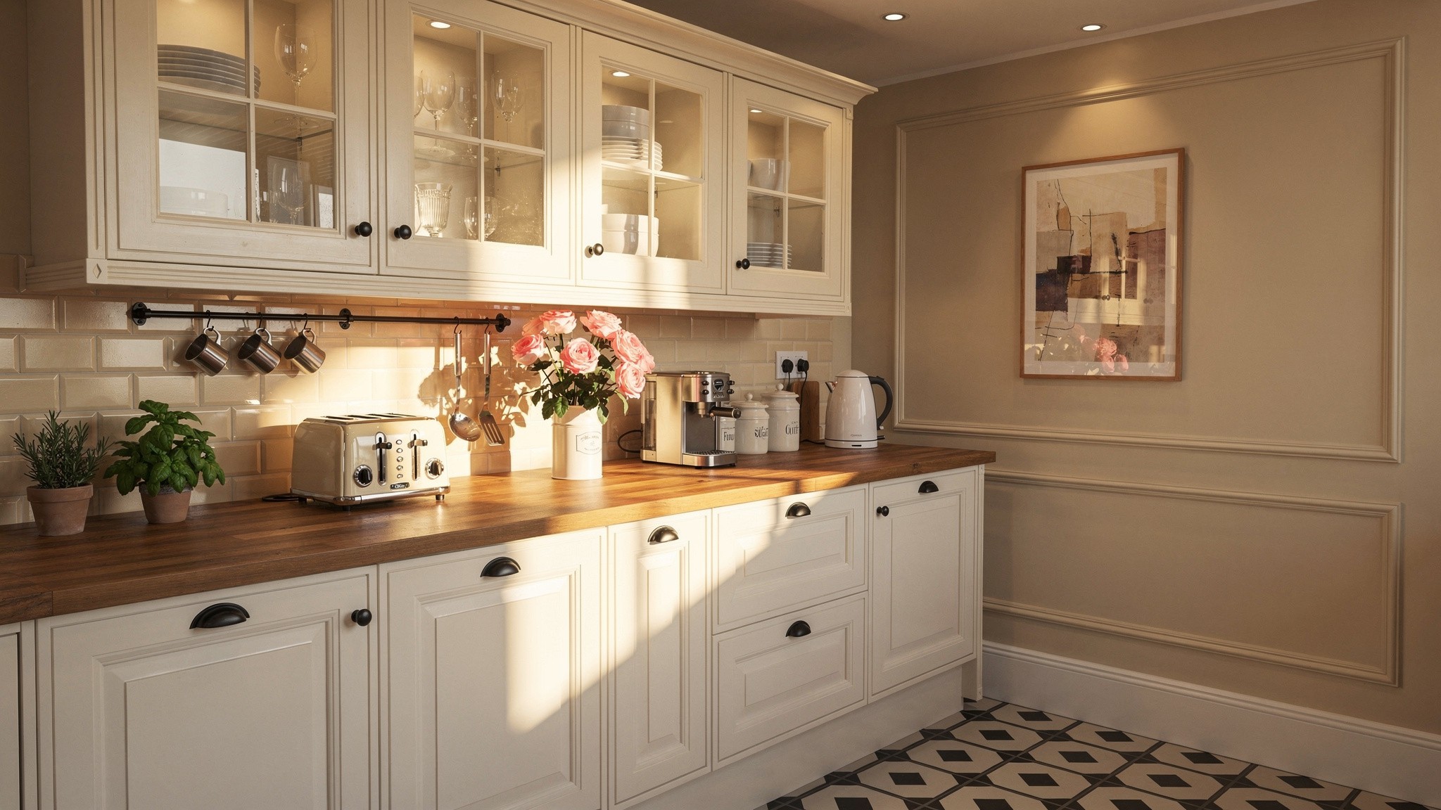 A fully closed kitchen with cream cabinetry throughout, including glass-fronted upper cabinets that still keep everything behind a door