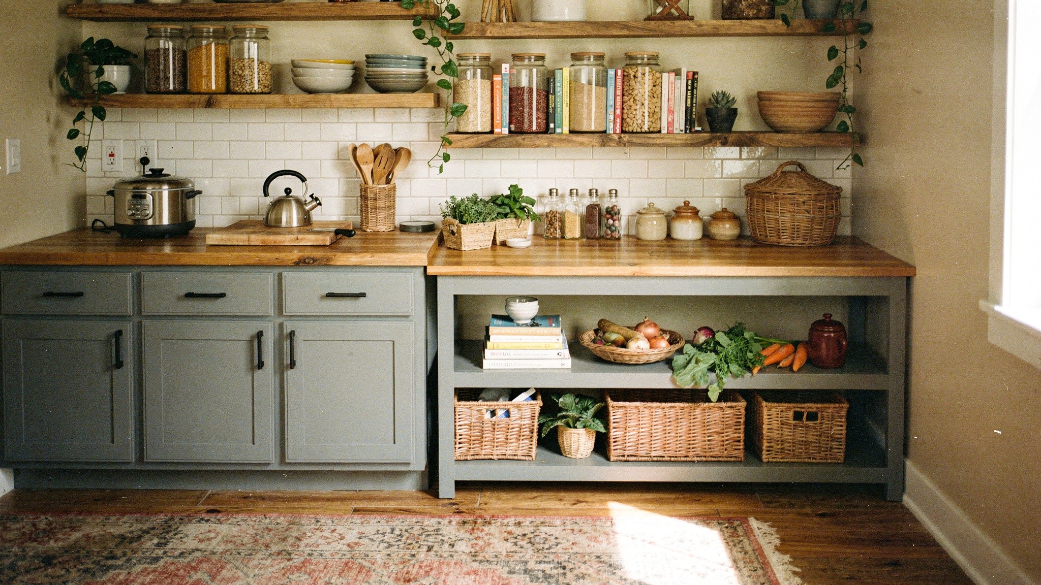 A kitchen split down the middle — closed sage-green cabinets on one side, open shelving and open cubby storage on the other — the hybrid approach in practice