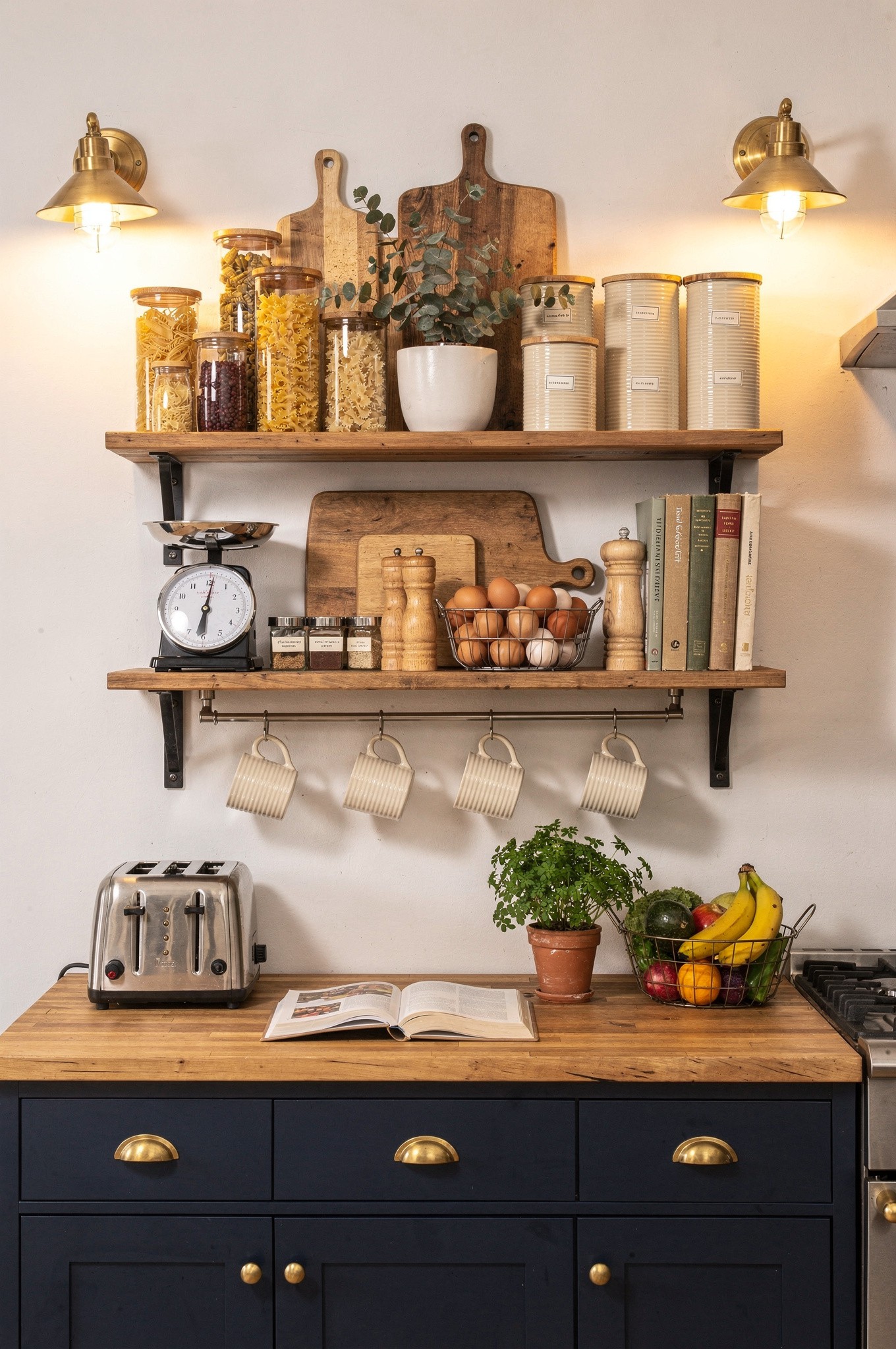A kitchen with open oak shelving holding neatly arranged ceramics above a run of closed lower cabinets