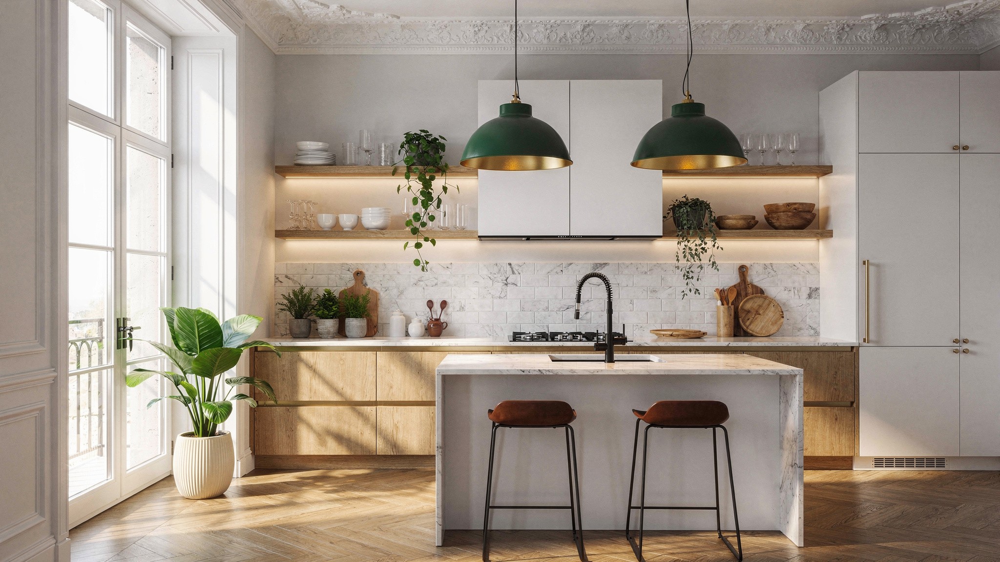 Open floating shelves above a marble kitchen island holding glassware, plates and trailing plants, with closed handle-less cabinets below