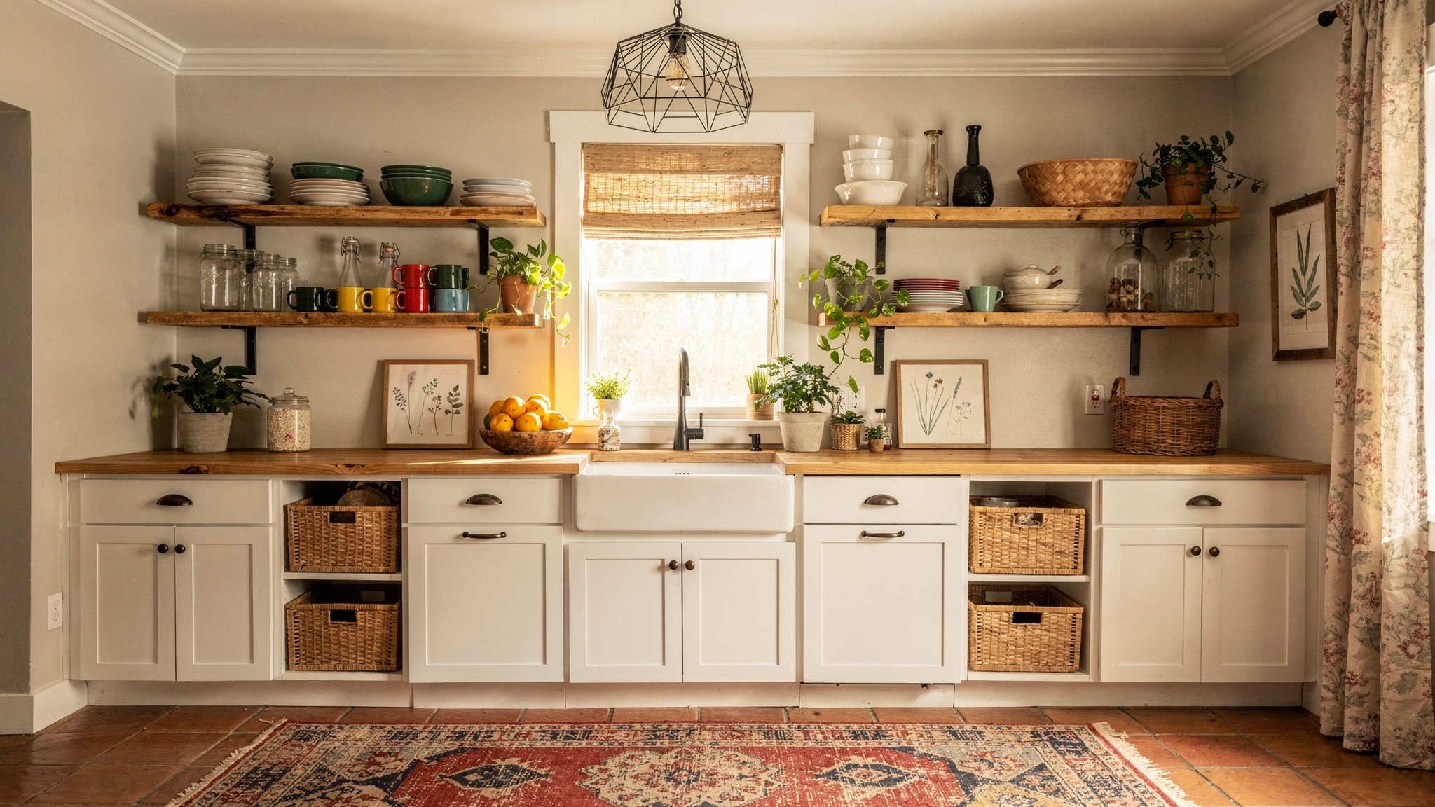 Open wall shelving either side of a kitchen window, styled with plates, jars and plants above a run of closed white cabinets