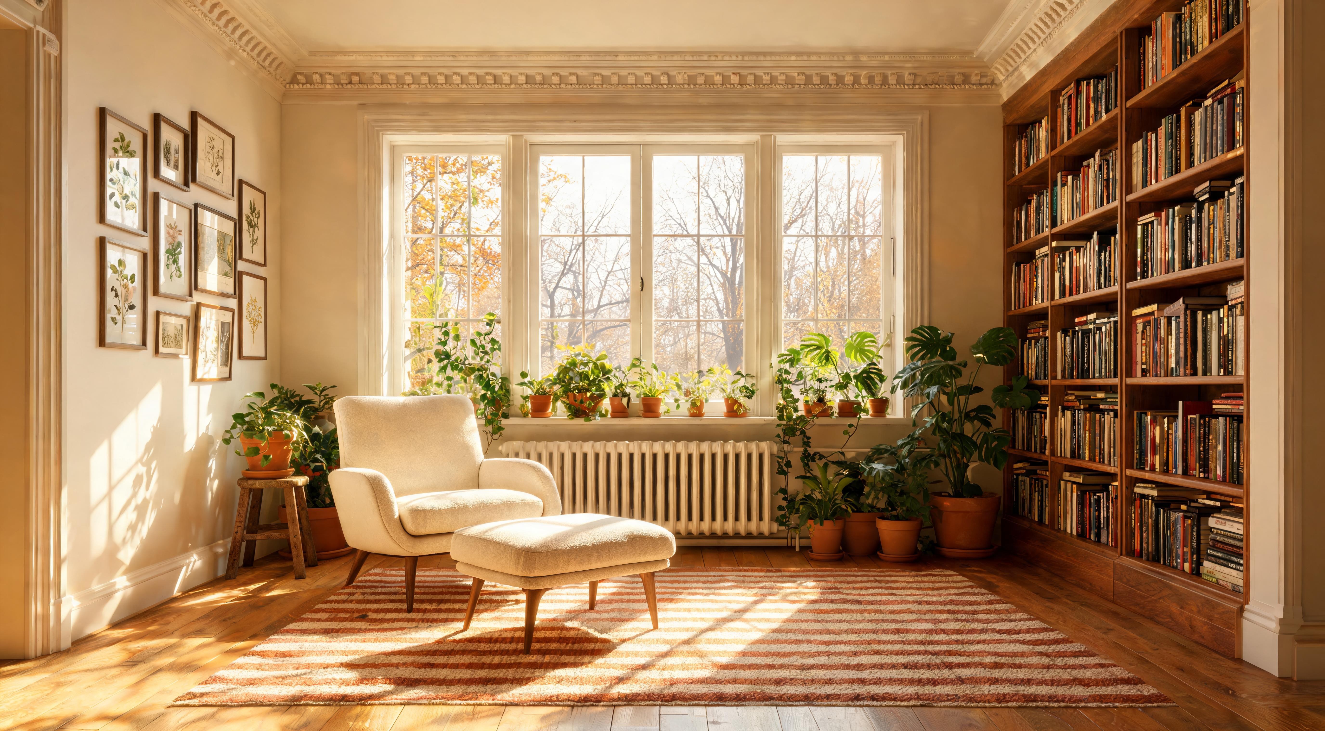 A cosy reading nook with a built-in window seat, linen cushions, warm lamp and shelves of books