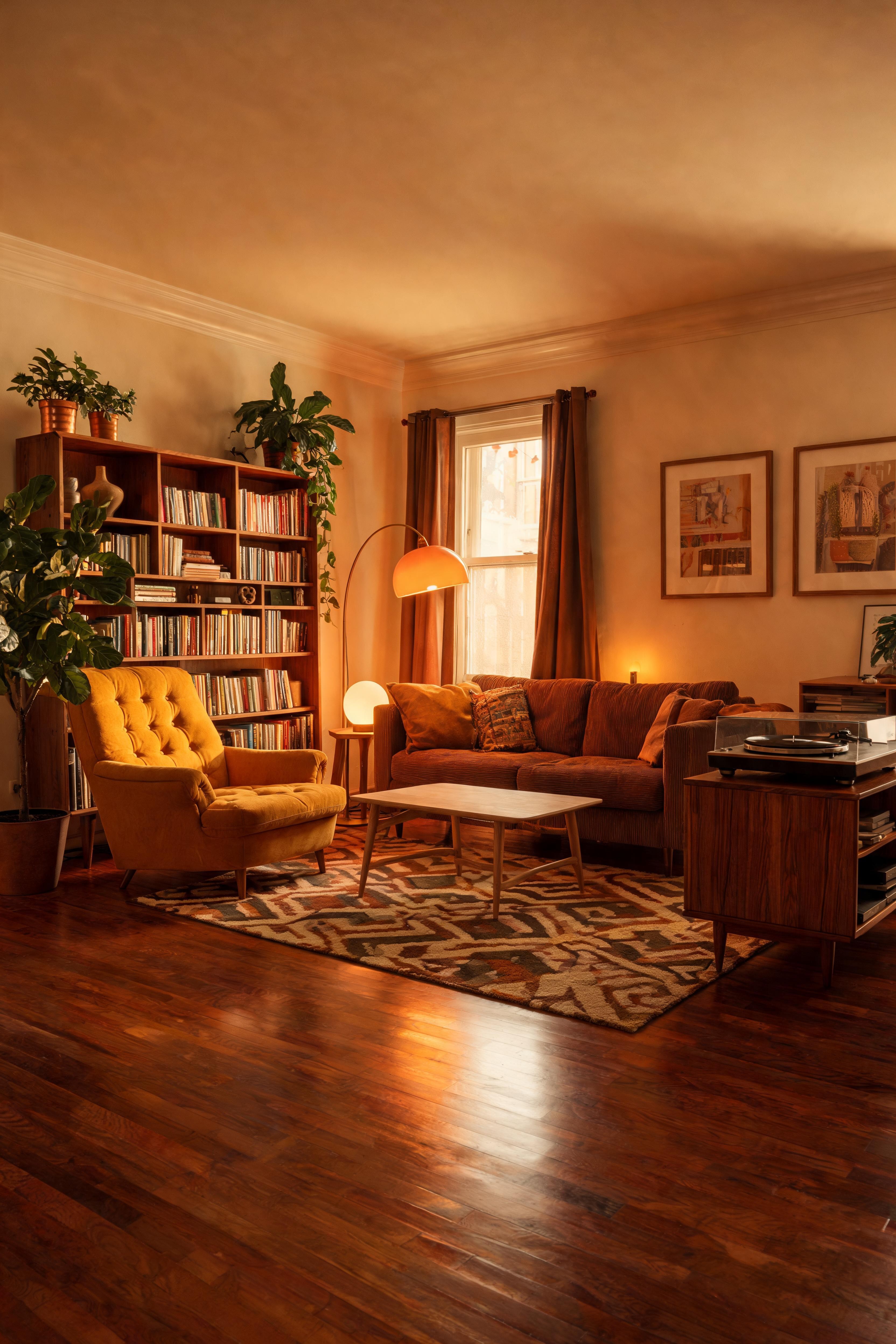 A cosy reading nook with a built-in window seat, linen cushions, warm lamp and shelves of books