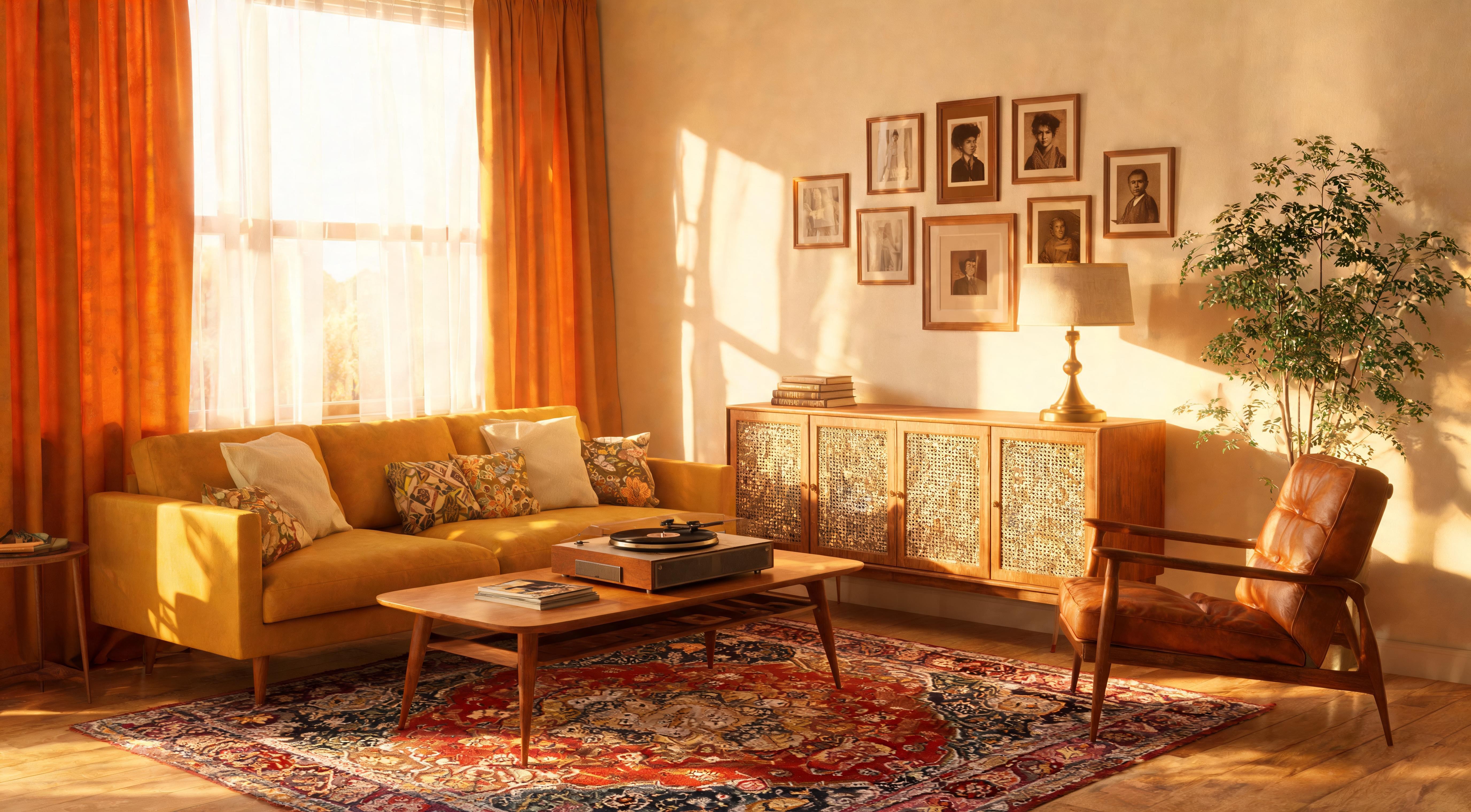 A beautifully styled rental living room with a large rug, floor-length curtains, layered lamps and a large monstera plant