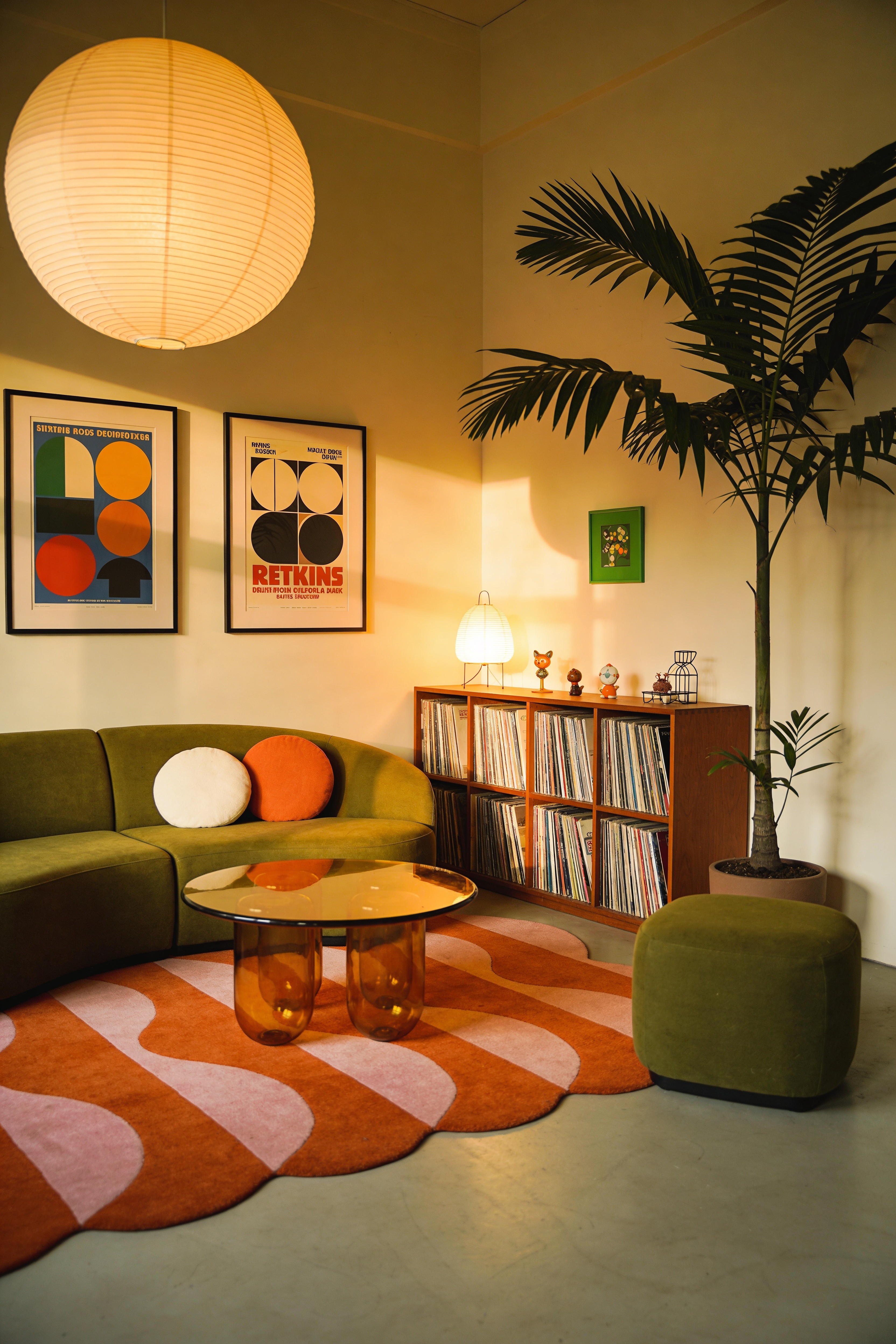 A beautifully styled rental living room with a large rug, floor-length curtains, layered lamps and a large monstera plant