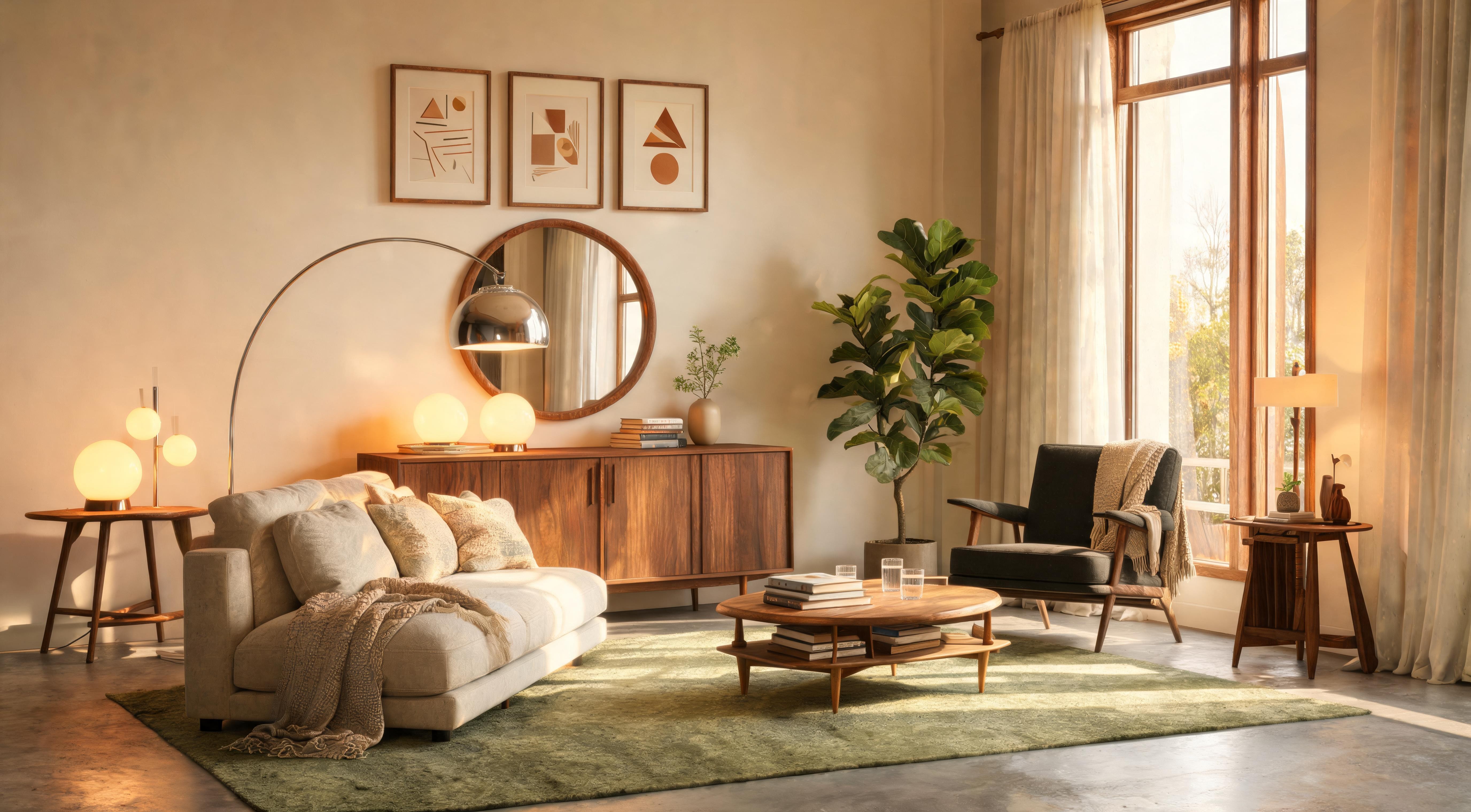 A rental flat corner with a plug-in arc floor lamp and table lamp creating warm layered light