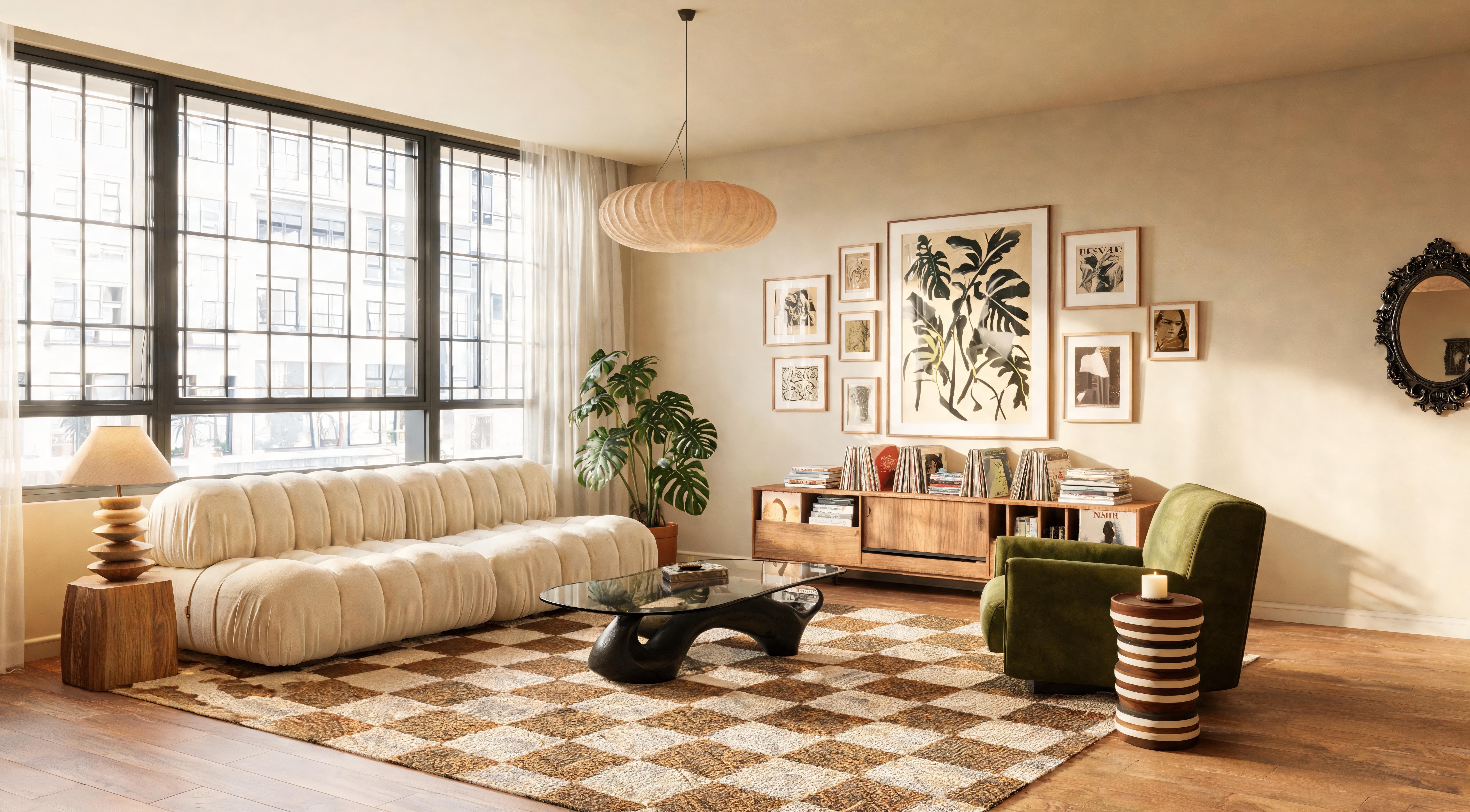 A large natural-fibre rug covering bad laminate flooring with furniture properly arranged on it