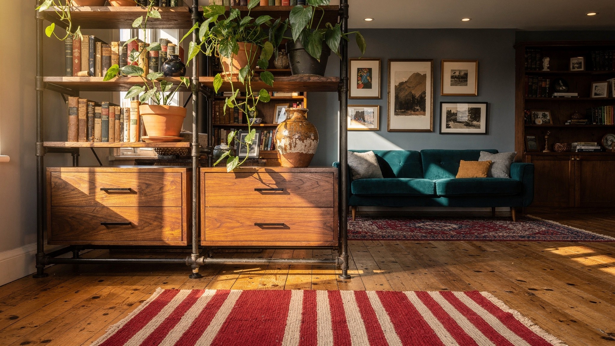 A studio flat with a tall open-back bookshelf dividing a sleeping area from the living space, warm natural light