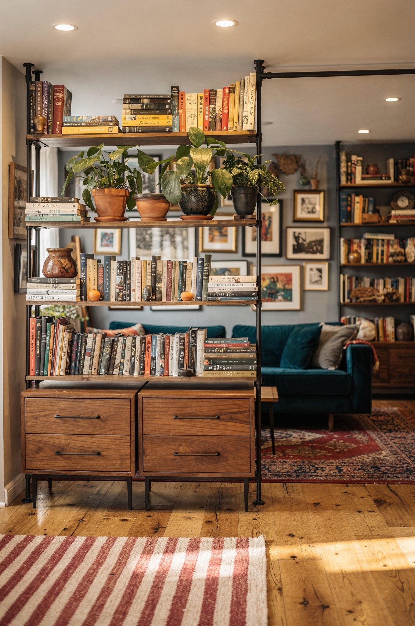 A studio flat with a tall open-back bookshelf dividing a sleeping area from the living space, warm natural light
