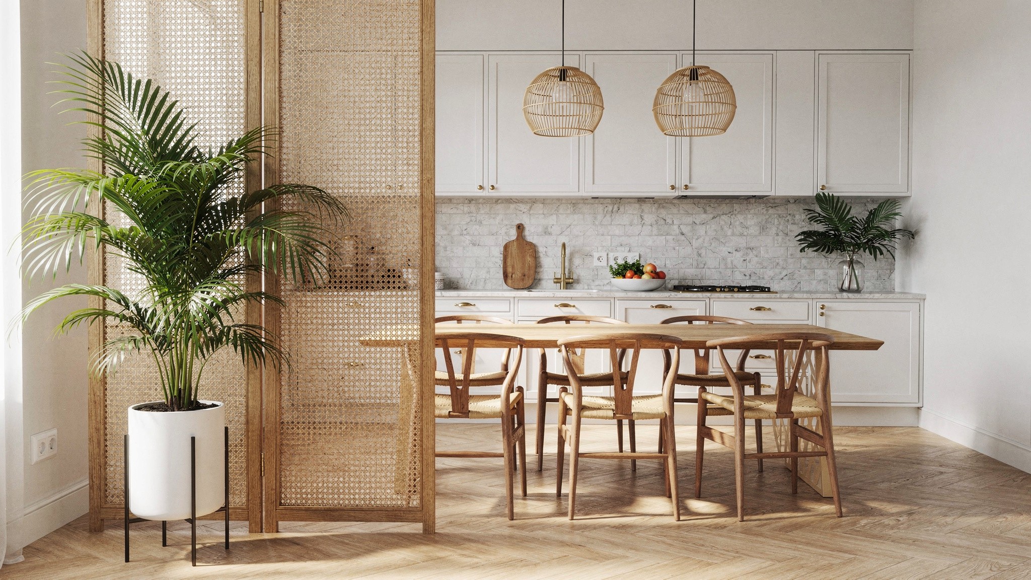 A rattan folding screen positioned between an open kitchen and a dining table, easy to fold away when the boundary isn't needed
